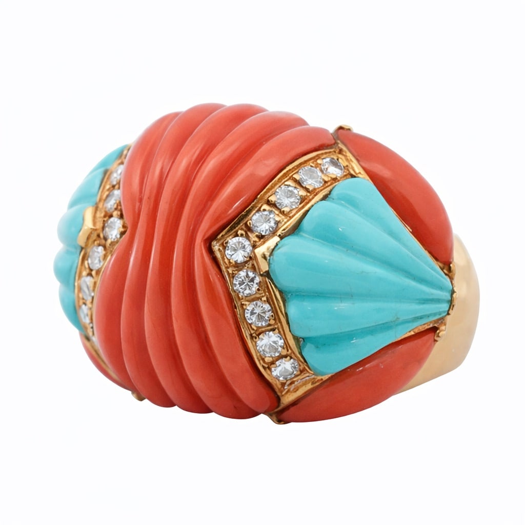 Italian 18k Gold Coral Turquoise & Diamond Ring: Italian 18k Gold Coral Turquoise & Diamond RingCirca: 1970s-1990s, Italy.An Italian sculptural ring composed of hand-carved salmon coral and sky-blue turquoise arranged in a stepped geometric form, in