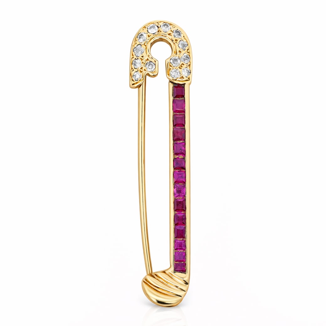 14k Gold Ruby & Diamond Safety Pin Brooch (1 of 4)