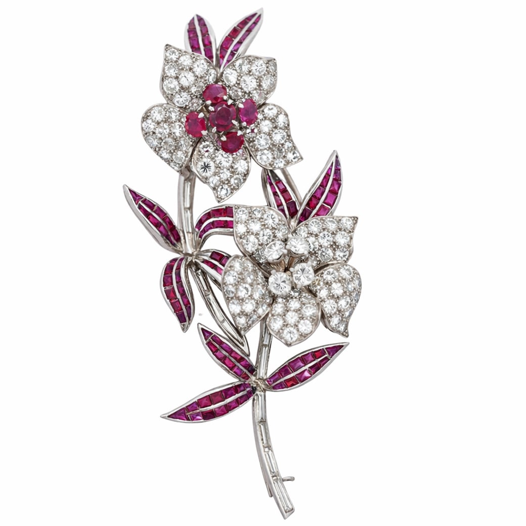 Important Platinum Diamond & Natural Ruby Floral Brooch (1 of 6)