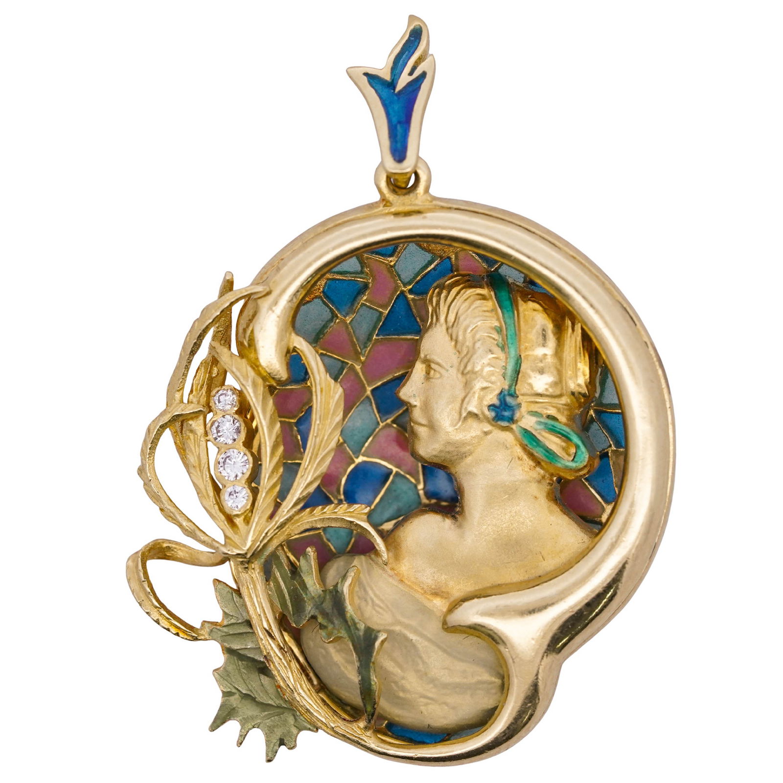 18k Gold Plique-a-Jour Enamel & Diamond Figural Pendant (1 of 5)