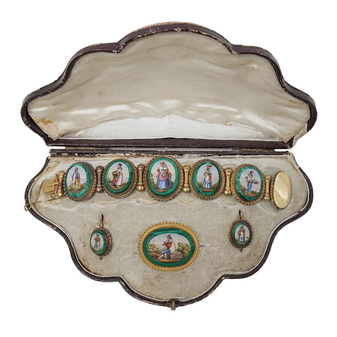 Diego d’Estrada 18k Gold, Micromosaic & Malachite Bracelet, Earrings & Brooch Set (1 of 12)