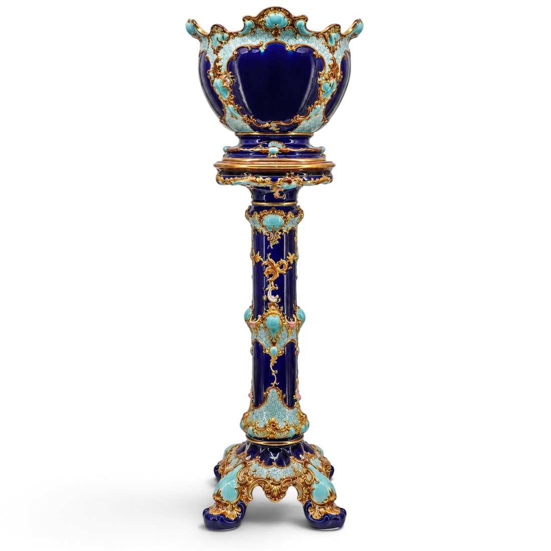 Antique World's Fair Majolica Planter & Pedestal: Antique World's Fair Majolica Planter & Pedestal Late 19th - early 20th century, Europe Artist/Designer/Manufacturer: Unknown, Antique Majolica. Marking(s); notes: Apparently unmarked. Paper label aff