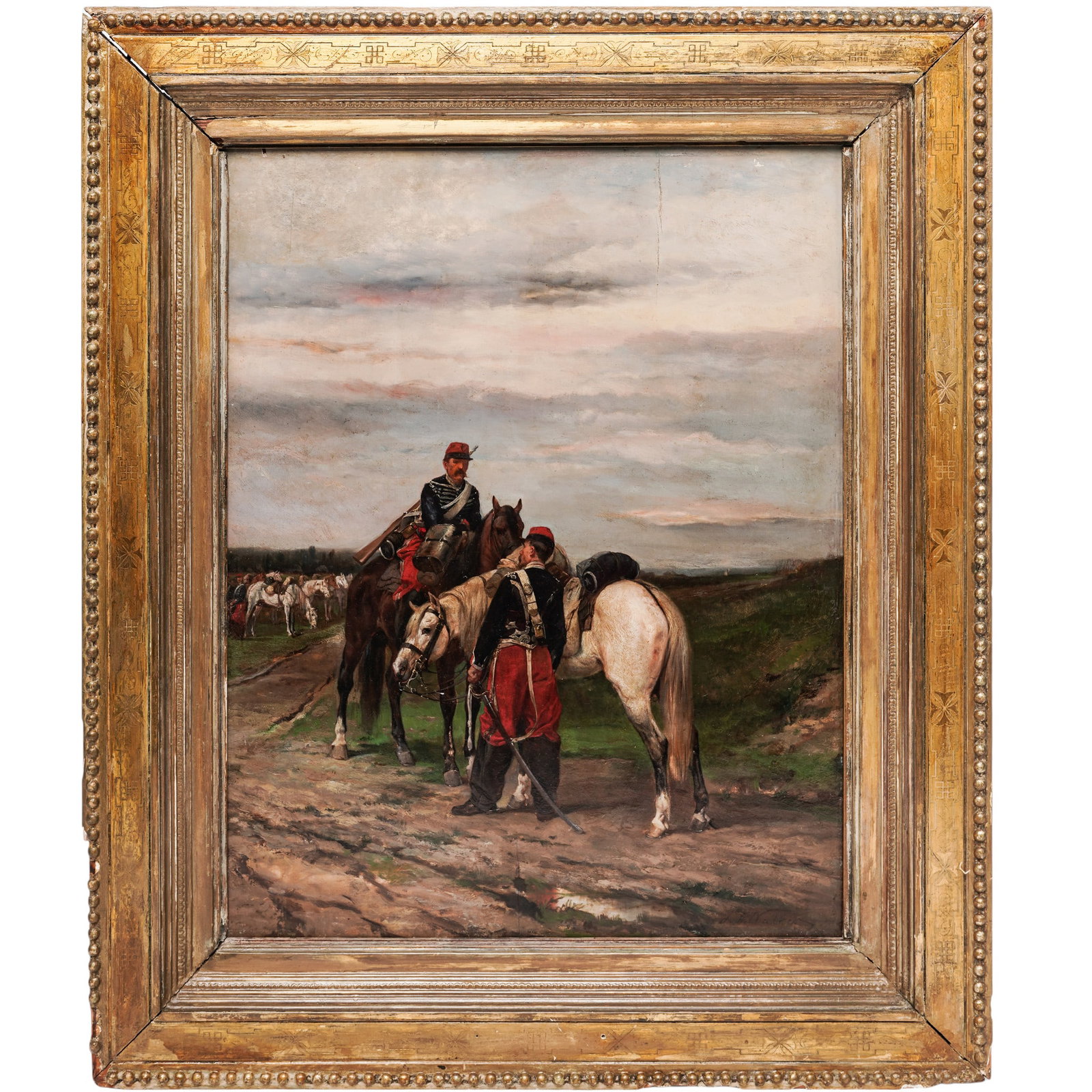 James Alexander Walker (British, 1841- 1898) "Two Soldiers" Oil On Board Painting: James Alexander Walker (British, 1841- 1898) "Two Soldiers" Oil On Board Painting 19th Cent., French The painting depicts two French Chasseurs à Cheval, or Hussar cavalrymen, halting along a muddy di