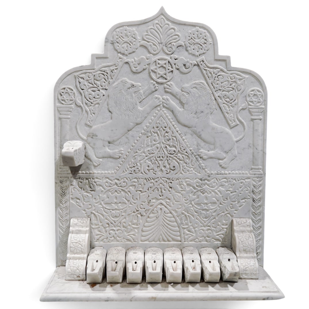 Large Antique Hand-Carved Marble Menorah: Large Antique Hand-Carved Marble Menorah Late 19th Century, Levant Region Antique hand-carved white marble Hanukkah menorah richly decorated with high-relief foliate scrollwork, geometric motifs, and 