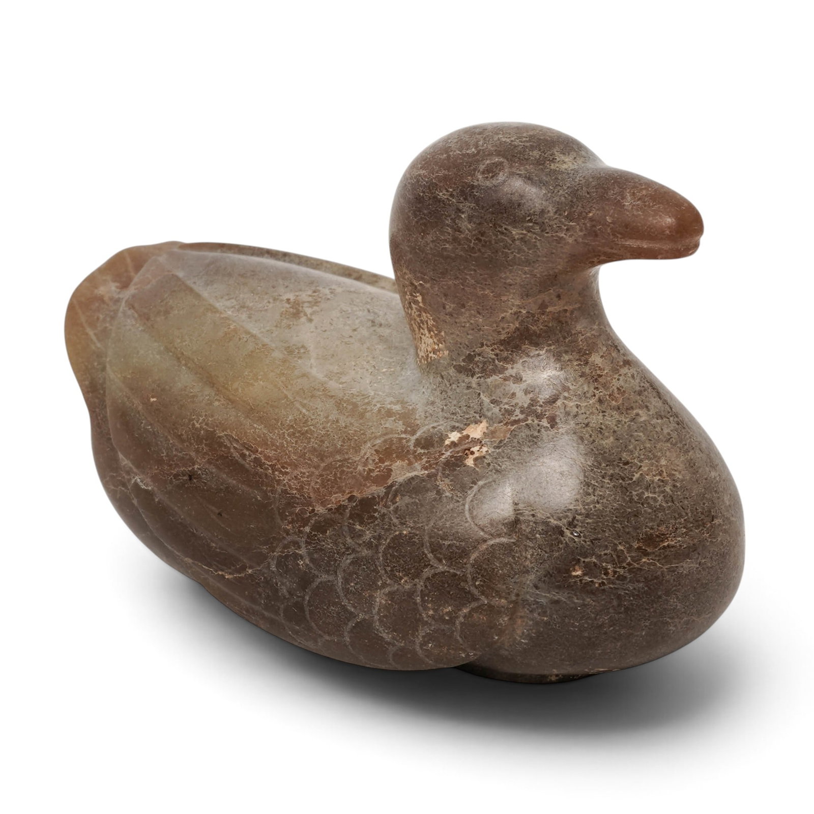 Chinese Song Dynasty Nephrite Jade Duck Figurine: Chinese Song Dynasty Nephrite Jade Duck Figurine 960-1279 CE, China Antique Chinese hand-carved highly detailed nephrite jade bird figurine. There is a sticker on the underside with a museum inventory