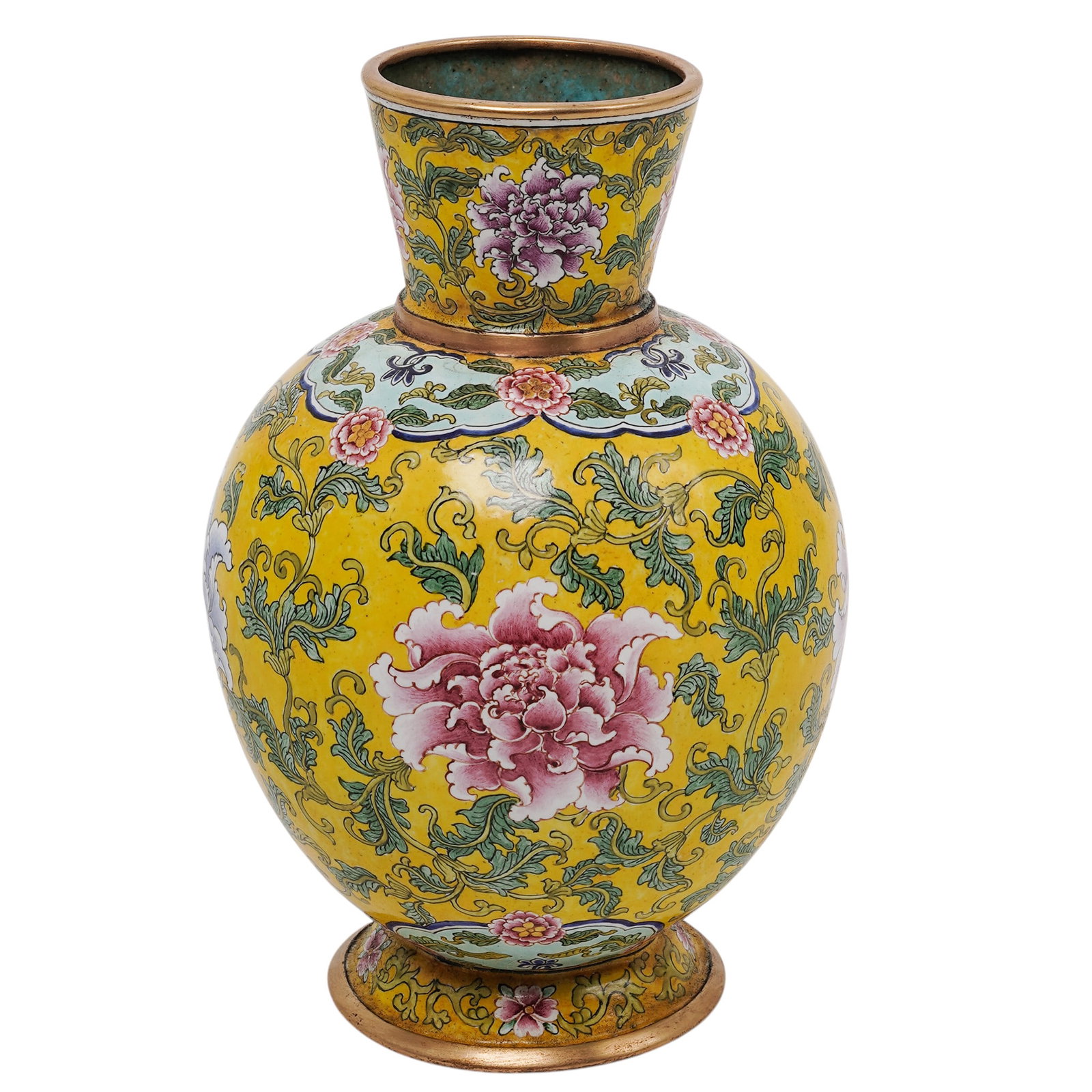 Antique Miniature Chinese Imperial Lotus Cloisonné Enamel Vase: Antique Miniature Chinese Imperial Lotus Cloisonné Enamel Vase 18th Century, Qing dynasty, Qianlong period, China An antique Chinese miniature copper vase richly decorated in polychrome cloisonné en