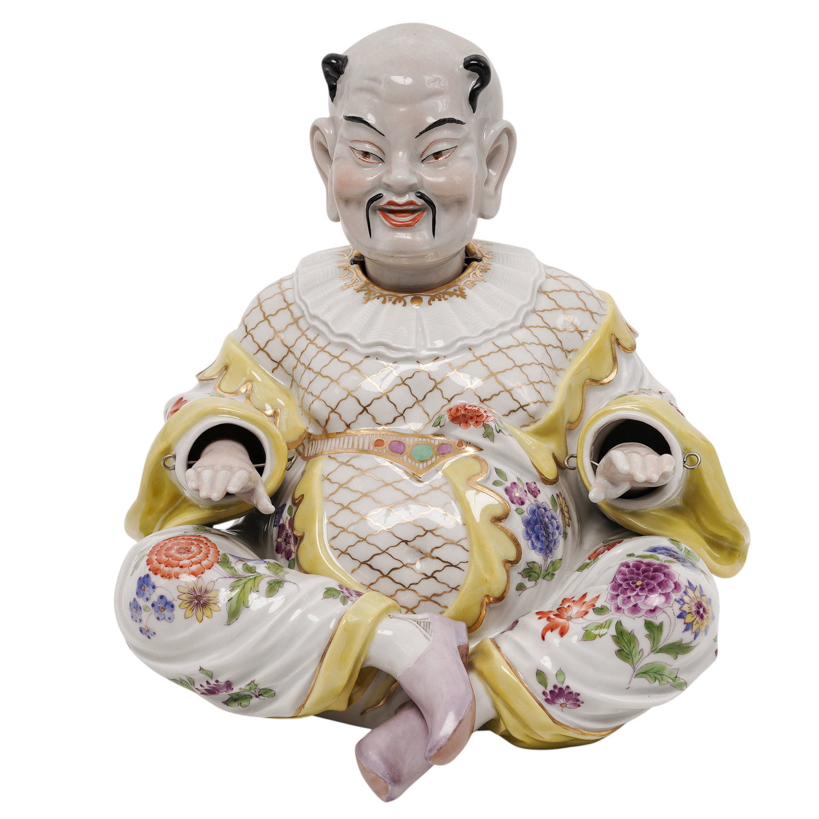 Antique Meissen Porcelain Nodding Pagoda Figurine: Antique Meissen Porcelain Nodding Pagoda Figurine Early 20th Century, China A Meissen porcelain nodding pagoda figurine depicting a cross-legged Chinese gentleman with articulated head, dressed in bri