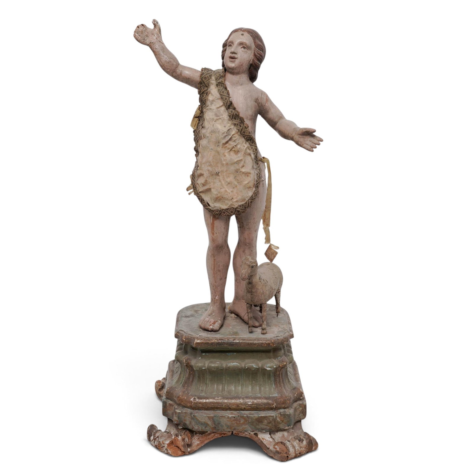 18th Cent. Spanish Colonial Saint John The Baptist Wood Polychrome Statue: 18th Cent. Spanish Colonial Saint John The Baptist Wood Polychrome Statue 18th cent, Spanish Colonial/ Portuguese Imperial (Imagineria) Religious polychrome wood sculpture (imagen de vestir) of Saint 