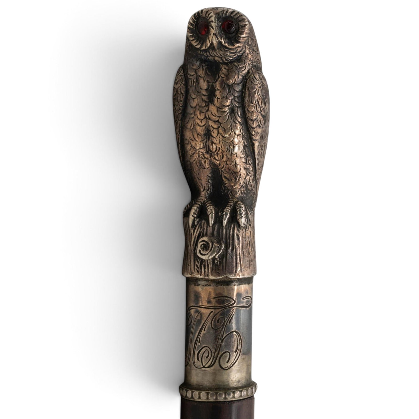 Imperial Russian 84 Silver Figural Owl Walking Stick w/ Ruby Eyes: Imperial Russian 84 Silver Figural Owl Walking Stick w/ Ruby Eyes c.1893–1898, Russian Faberge era Imperial Russian 84 silver figural Owl walking stick. A highly detailed, ornate silver handle reali