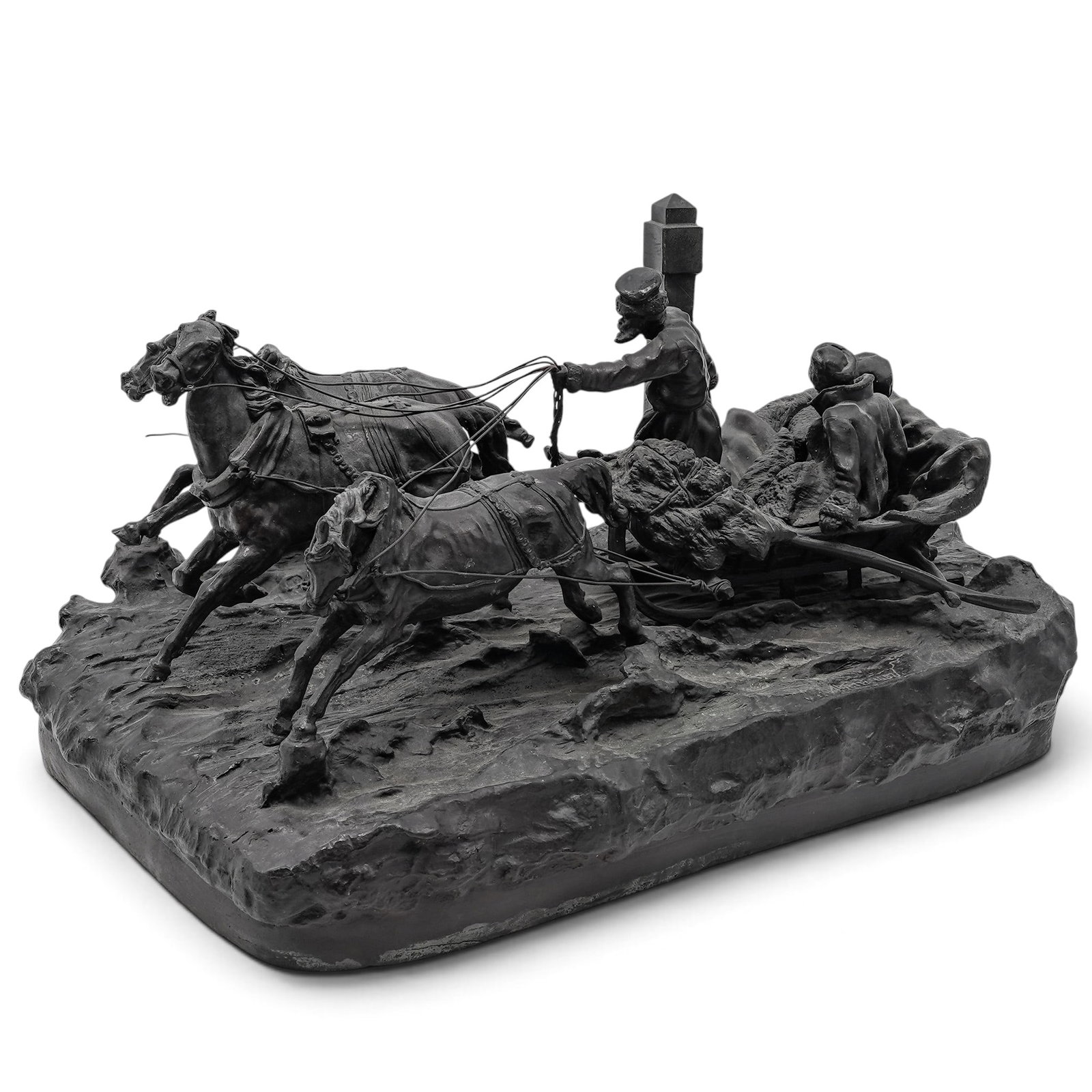 Vassili Grachev (Russian. 1831-1905) "Troika Passing a Mile Post" Bronze Sculpture: Vassili Grachev (Russian. 1831-1905) "Troika Passing a Mile Post" Bronze Sculpture late-19th-Early 20th century, Russian Antique Russian large bronze sculpture titled "Troika Passing a Mile Post" mode