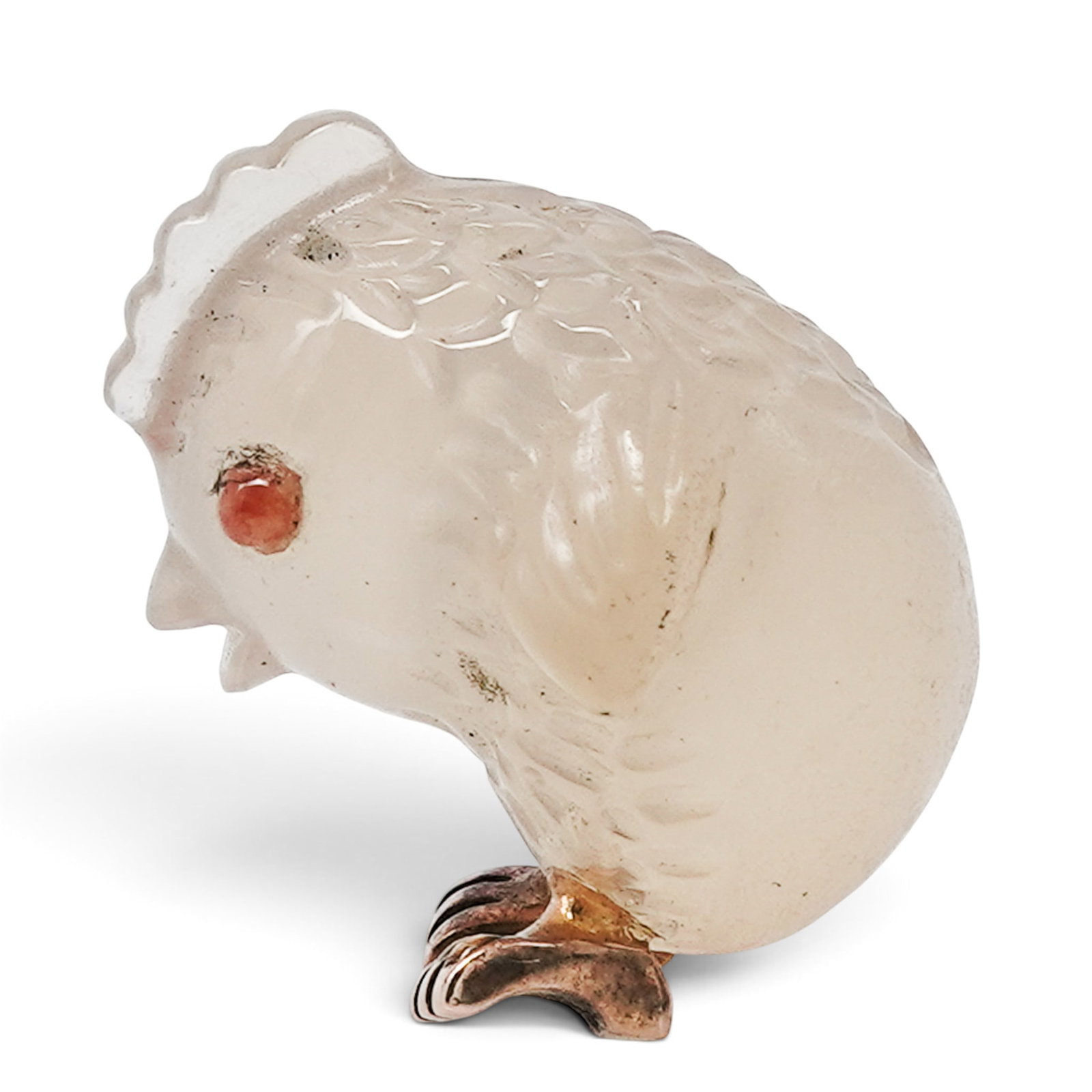Russian Faberge 14k Gold Agate Chick Pendant: Russian Faberge 14k Gold Agate Chick Pendant Late 19th to Early 20th Cent., Russian Russian Faberge 14k gold and carved agate chick pendant, featuring a translucent carved hardstone bird form with gol