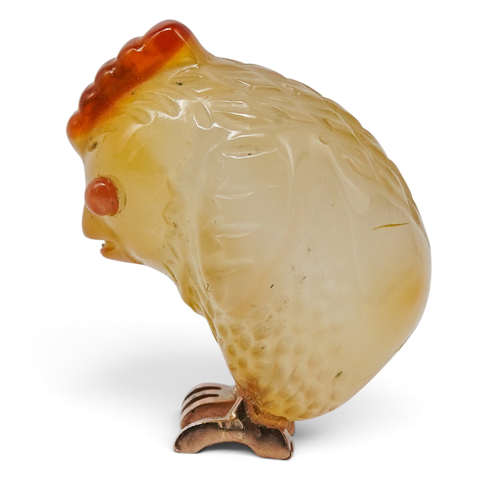 Russian Faberge 14k Gold Agate and Coral Chick Pendant: Russian Faberge 14k Gold Agate and Coral Chick Pendant Late 19th to Early 20th Cent., Russian Russian Faberge 14k gold and carved agate chick pendant, featuring a translucent carved agate bird form wi