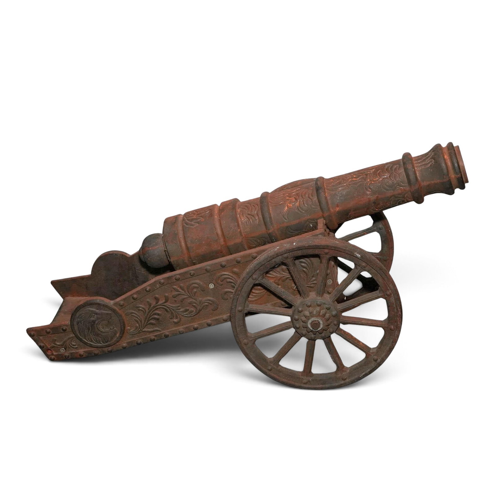Antique Cast Iron Quarter Size Model Cannon: Antique Cast Iron Quarter Size Model Cannon Late 19th - Early 20th Cent, Likely England An antique model quarter size garden cannon crafted from heavily weathered, rusted cast iron features a decorati
