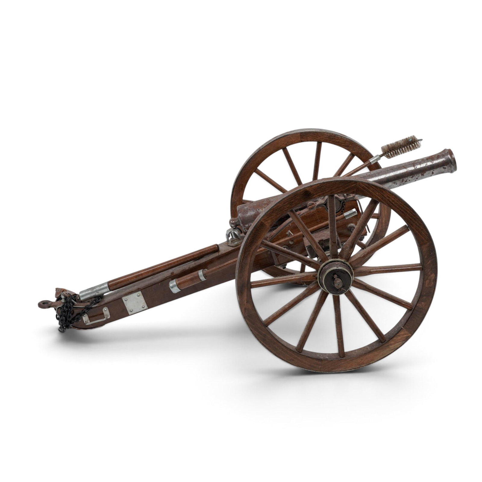 Spanish Artillery Canon Model: Spanish Artillery Canon Model 20th Cent, Spain One-Quarter scale model replica of a historic Spanish field artillery cannon. It features a steel barrel mounted on a detailed wooden carriage with large