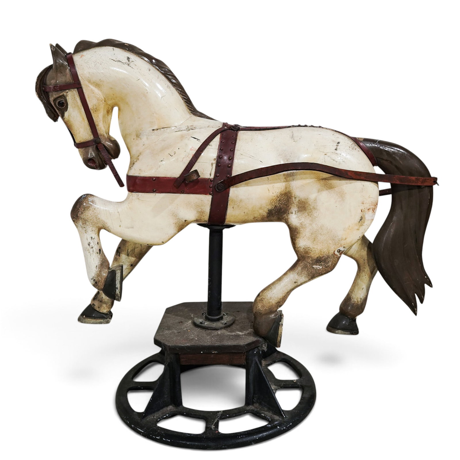 Vintage Carved Wood Carousel Horse: Vintage Carved Wood Carousel Horse Early-Mid 20th century, USA A vintage, hand-carved wooden decorator figure of a prancing carousel horse. Artfully crafted in the tradition of Golden Age American car