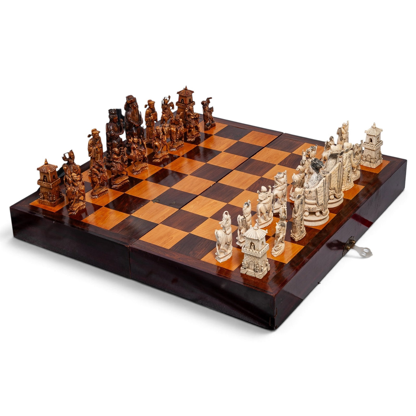 Large Chinese Carved Bone/Wooden Case Chess Set: Large Chinese Carved Bone/Wooden Case Chess Set Late 19th to early 20th Cent. Chinese Large Chinese carved bone chess set, complete with its original custom wooden presentation case. Every piece in th