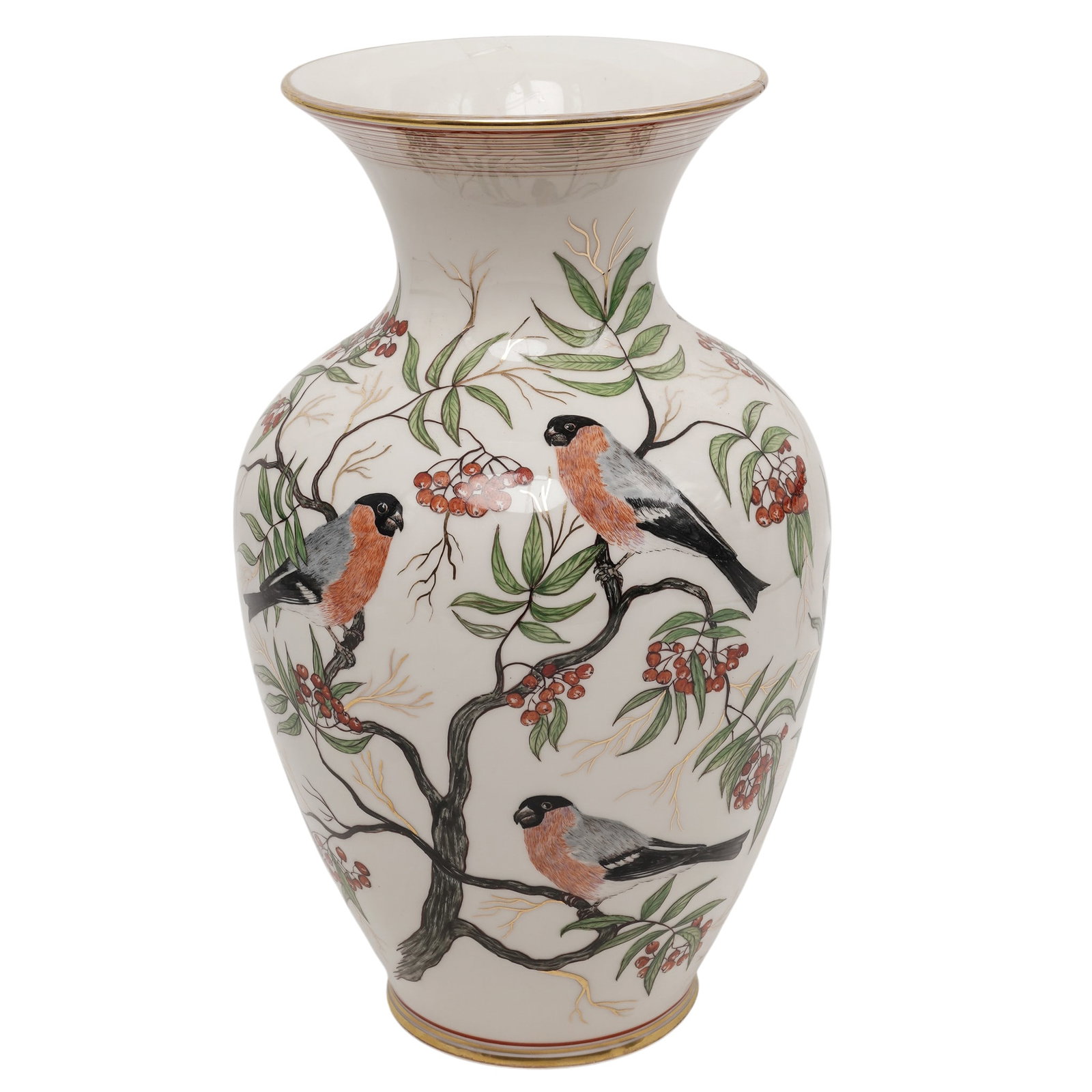 Haring Otto Arzberg Gilt Porcelain Bird Vase: Haring Otto Arzberg Gilt Porcelain Bird Vase Mid 20th Century, Germany A porcelain vase by Hutschenreuther Arzberg, decorated with three finely painted bullfinches perched among flowering branches and