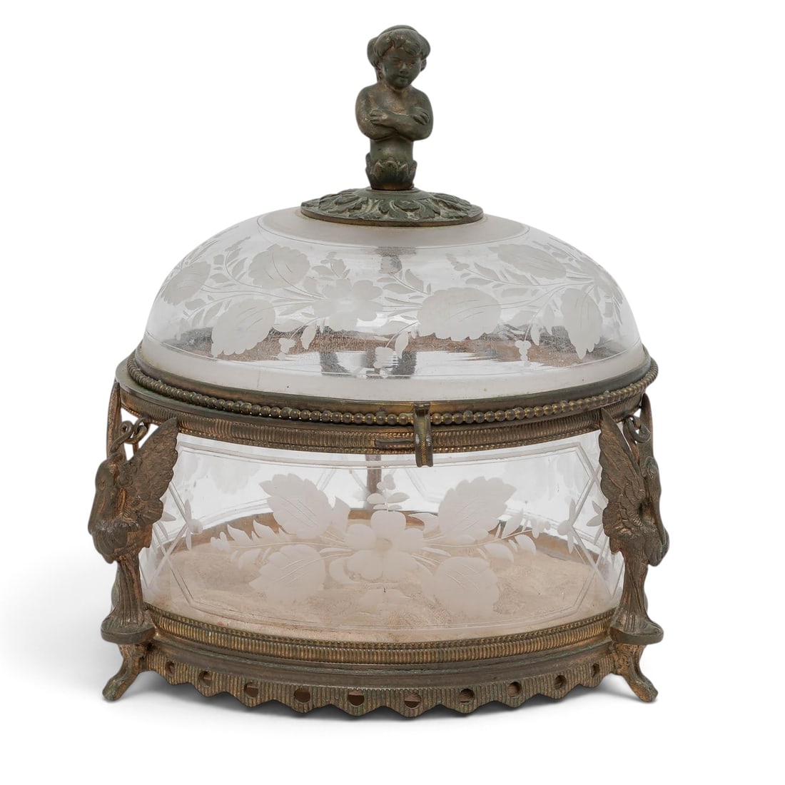 French Art Nouveau Etched Glass & Bronze Casket Jewelry Box: French Art Nouveau Etched Glass & Bronze Casket Jewelry Box Circa 1890-1910. French Antique etched glass jewelry casket (trinket box) with bronze mounts, dating to the late 19th or early 20th century.