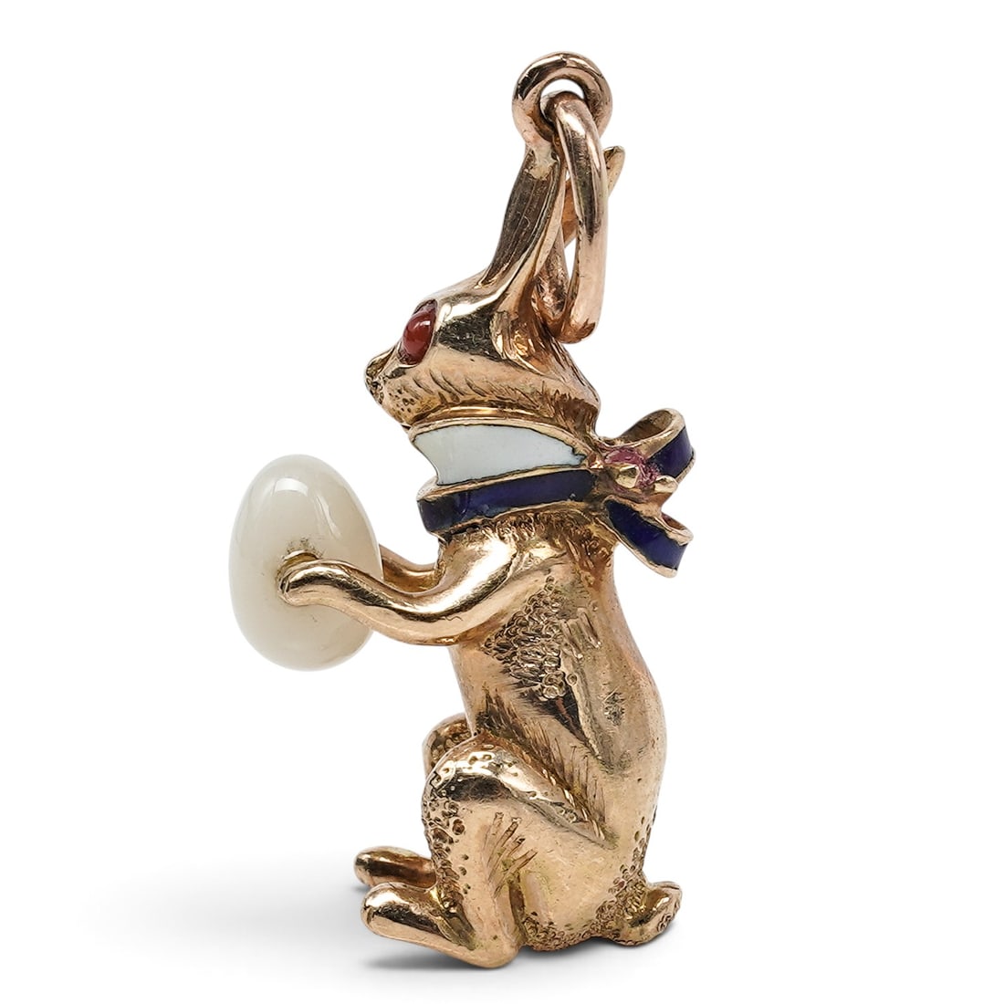 Feodor Afanasiev Russian Faberge 14k Gold Ruby and Enamel Rabbit Egg Pendant: Feodor Afanasiev Russian Faberge 14k Gold Ruby and Enamel Rabbit Egg Pendant Late 19th to Early 20th Cent., Russian Feodor Afanasiev Russian Faberge 14k gold ruby and enamel rabbit pendant, featuring 