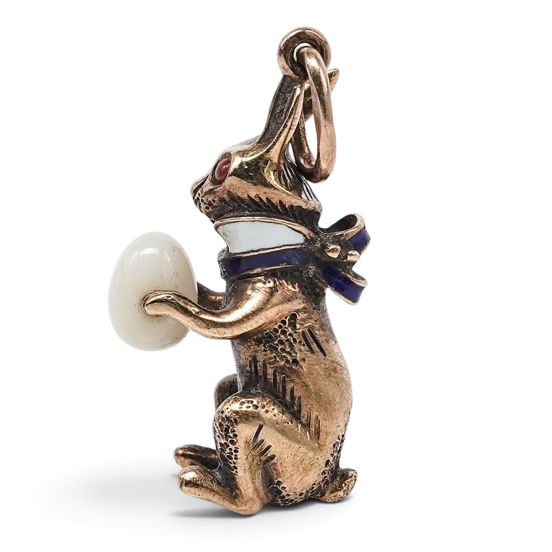 Karl Faberge Russian 14k Gold Ruby and Enamel Rabbit Egg Pendant: Karl Faberge Russian 14k Gold Ruby and Enamel Rabbit Egg Pendant Late 19th to Early 20th Cent., Russian Karl Faberge Russian 14k gold ruby and enamel rabbit pendant, featuring a finely modeled texture