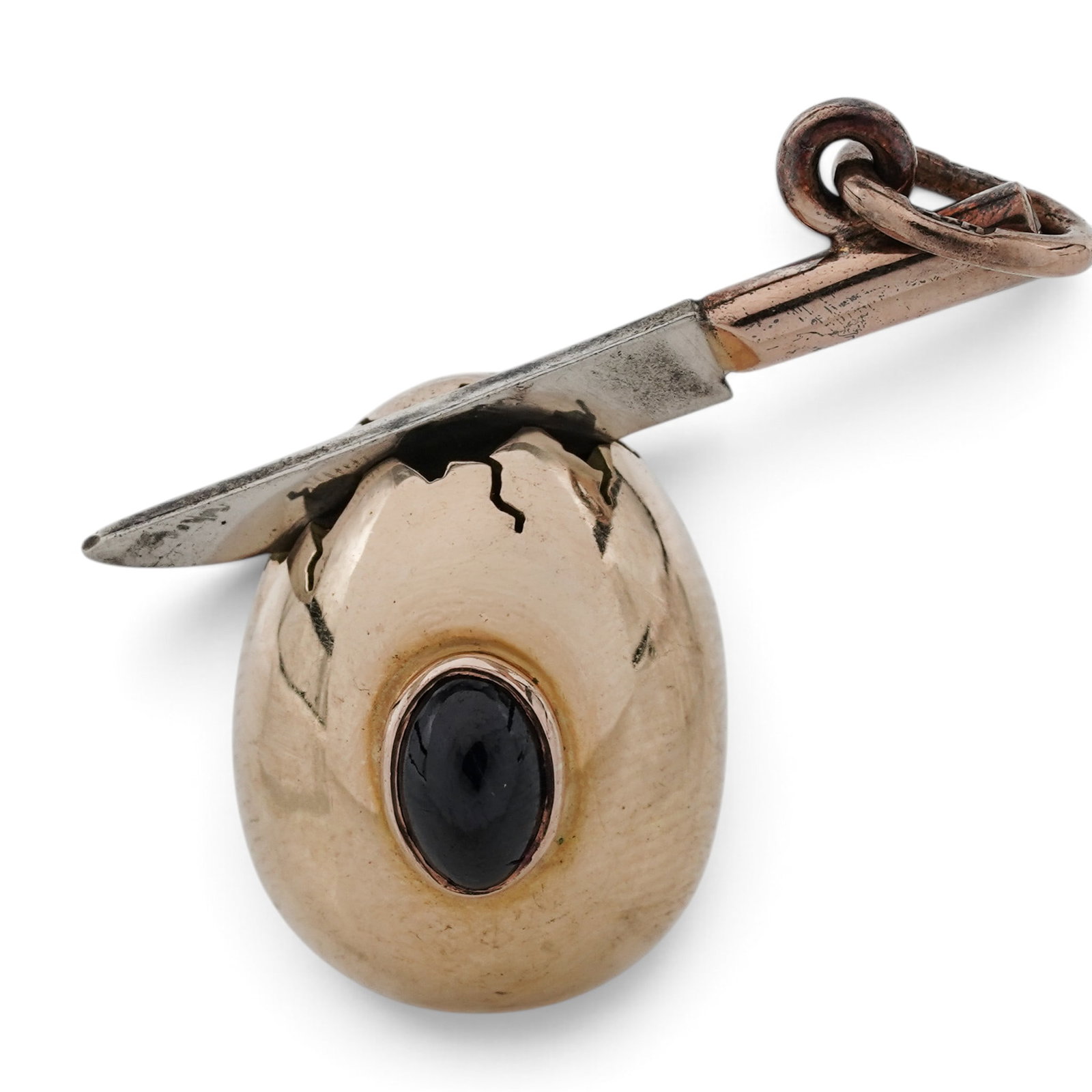August Hollming Russian Faberge 14k Gold Egg and Knife Pendant: August Hollming Russian Faberge 14k Gold Egg and Knife Pendant Late 19th to Early 20th Cent., Russian August Hollming Russian Faberge 14k gold egg and knife pendant, featuring a polished gold cracked 
