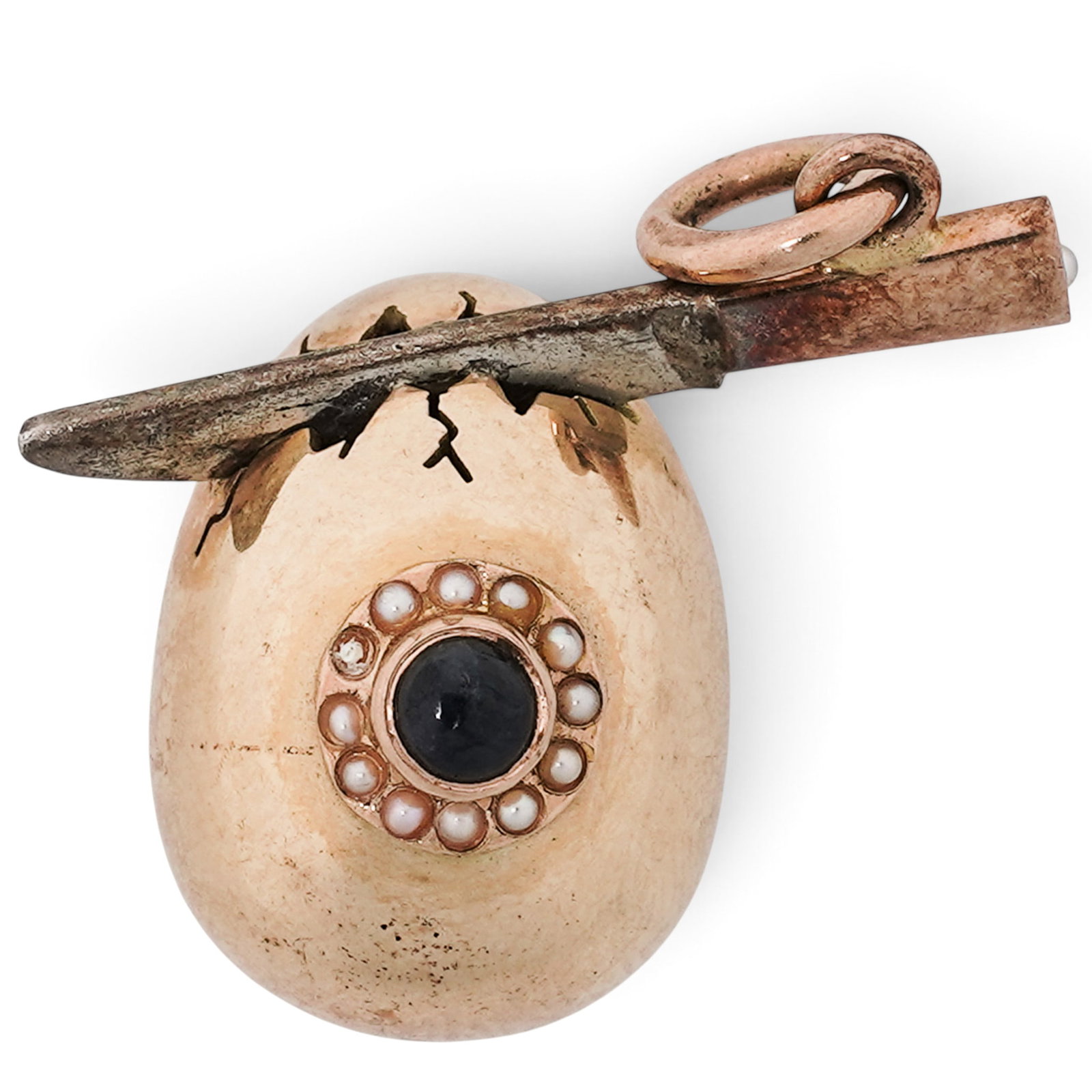 Karl Faberge Russian 14k Gold and Onyx Egg and Knife Pendant: Karl Faberge Russian 14k Gold and Onyx Egg and Knife Pendant Late 19th to Early 20th Cent., Russian Karl Faberge Russian 14k gold egg and knife pendant, featuring a polished gold cracked egg form pier