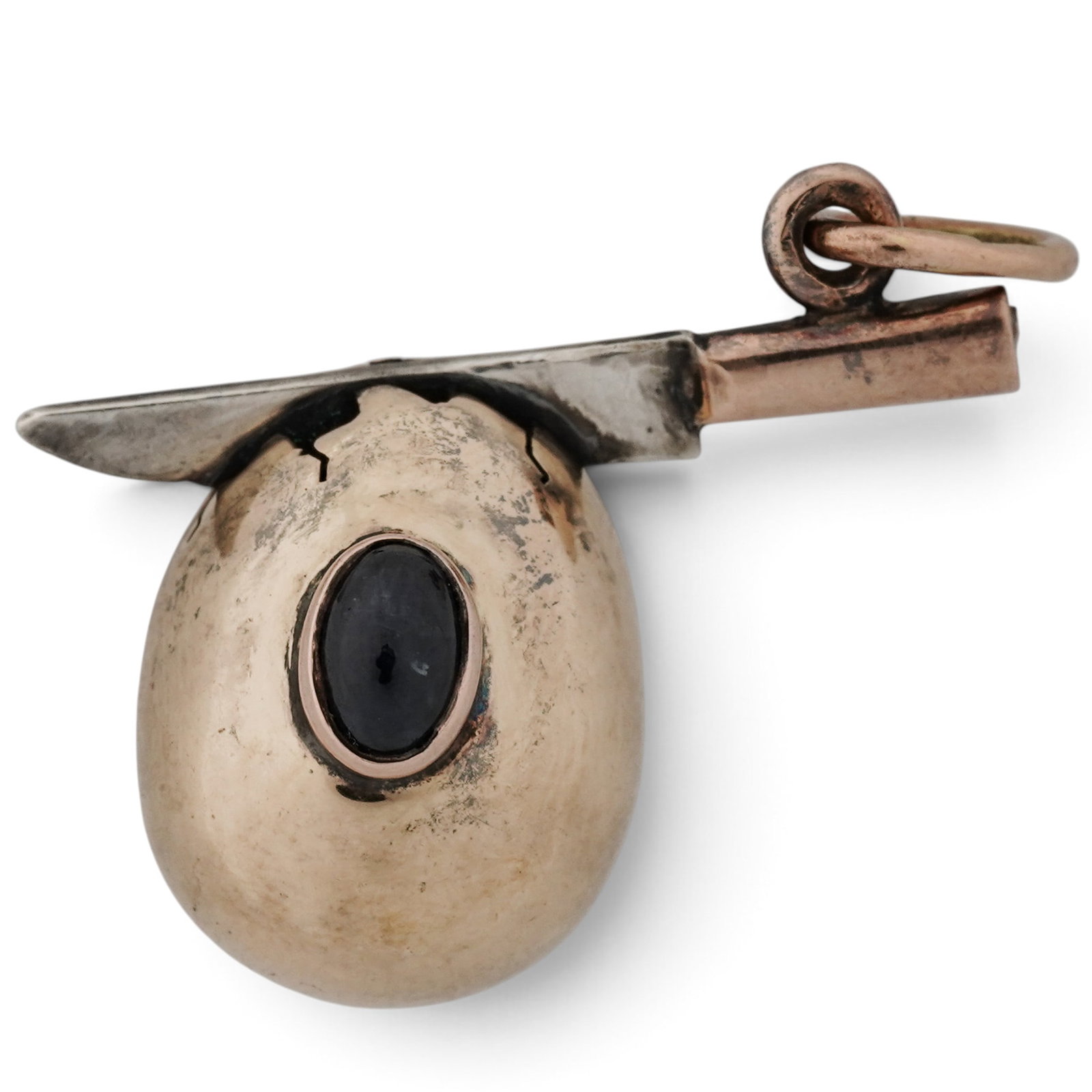 August Hollming Russian Faberge 14k Gold Egg and Knife Pendant: August Hollming Russian Faberge 14k Gold Egg and Knife Pendant Late 19th to Early 20th Cent., Russian August Hollming Russian Faberge 14k gold egg and knife pendant, featuring a polished gold cracked 