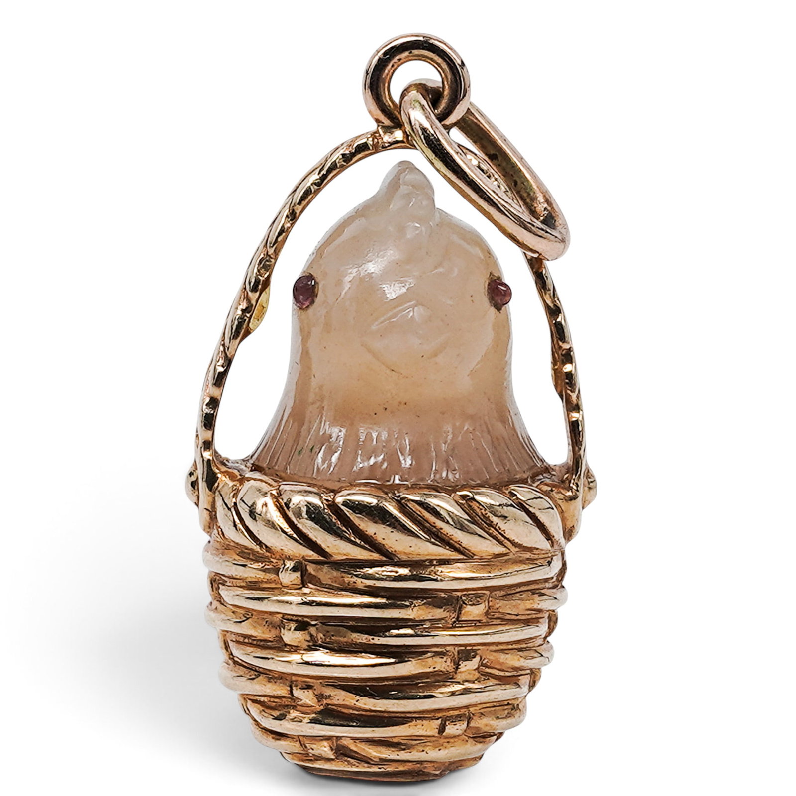 Russian 14k Gold Agate Ruby Chick in Basket Pendant: Russian 14k Gold Agate Ruby Chick in Basket Pendant Late 19th to Early 20th Cent., Russian Russian 14k gold pendant, featuring a carved agate chick set within a textured woven basket form with gold ha