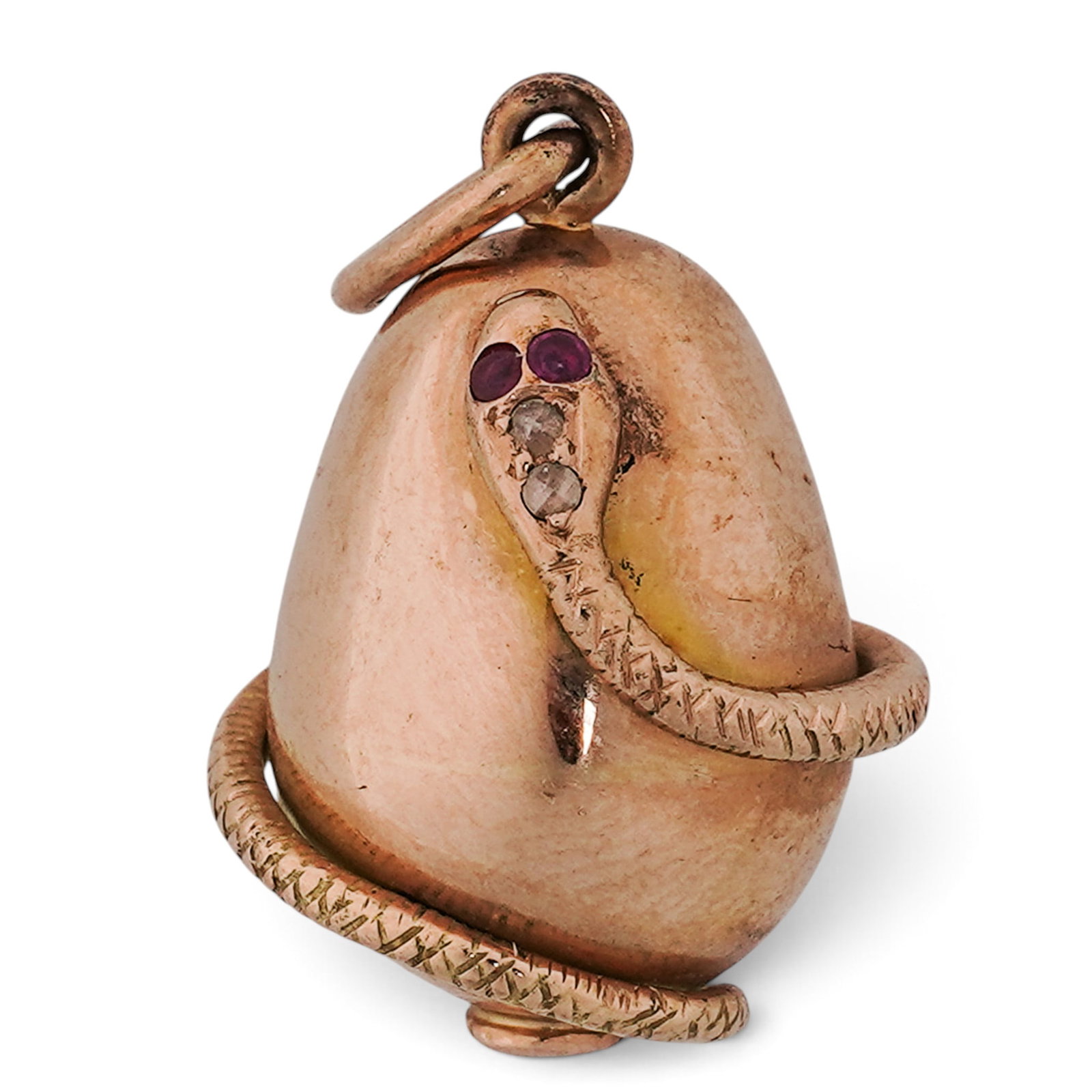 Karl Faberge Russian 14k Gold Ruby and Diamond Snake Egg Pendant: Karl Faberge Russian 14k Gold Ruby and Diamond Snake Egg Pendant Late 19th to Early 20th Cent., Russian Karl Faberge Russian 14k gold egg pendant, featuring a polished gold egg form with applied snake