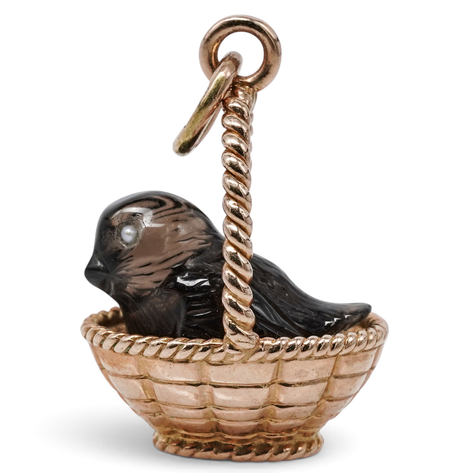 Michael Perchin Russian Faberge 14k Gold Quartz Bird in Basket Pendant: Michael Perchin Russian Faberge 14k Gold Quartz Bird in Basket Pendant Late 19th Cent., Russian Michael Perchin Russian Faberge 14k gold pendant, featuring a carved quartz bird set within a textured w