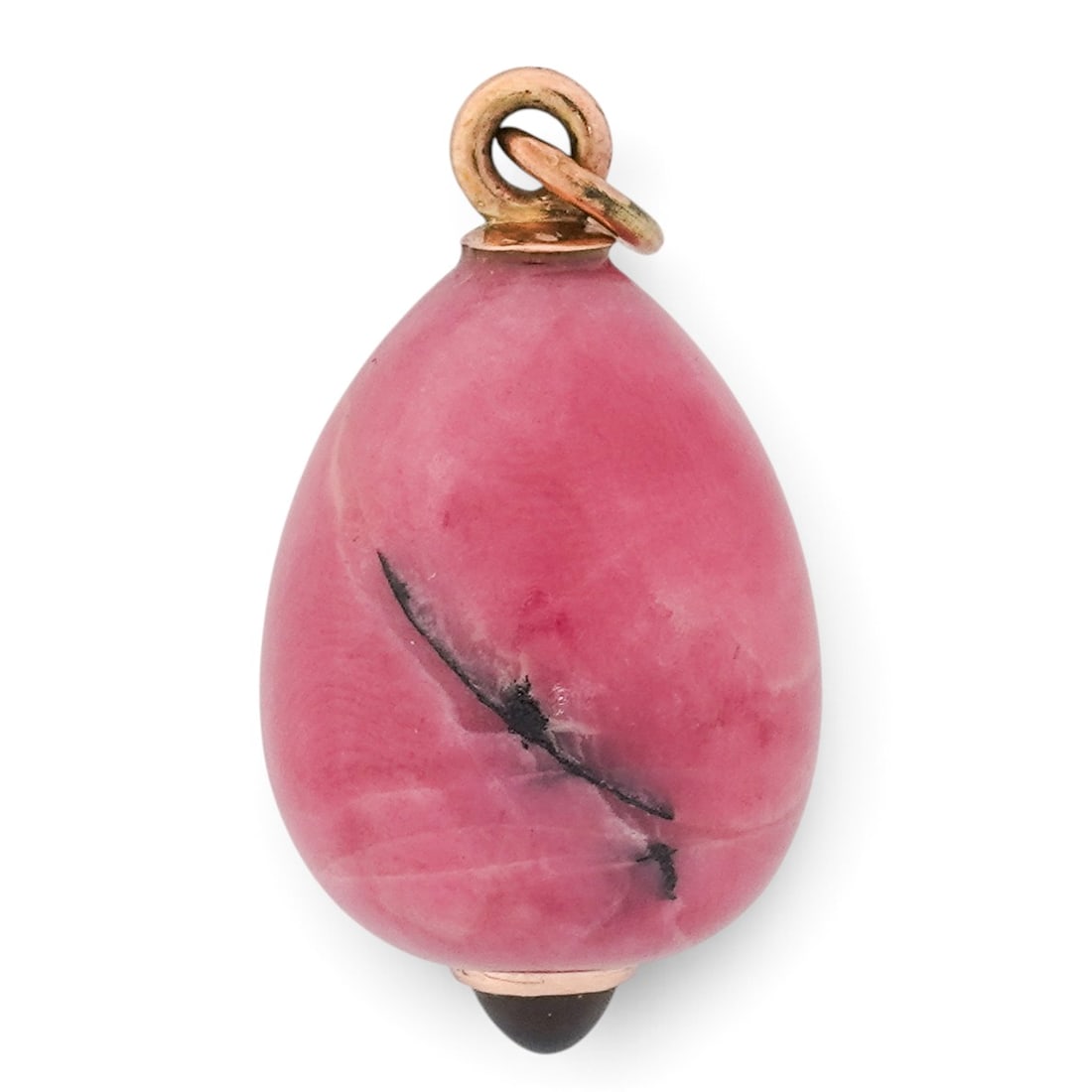 Russian Faberge 14k Gold Rhodonite and Onyx Egg Pendant: Russian Faberge 14k Gold Rhodonite and Onyx Egg Pendant Late 19th to Early 20th Cent., Russian Russian Faberge 14k gold rhodonite and onyx egg pendant, featuring a polished pink rhodonite egg form wit