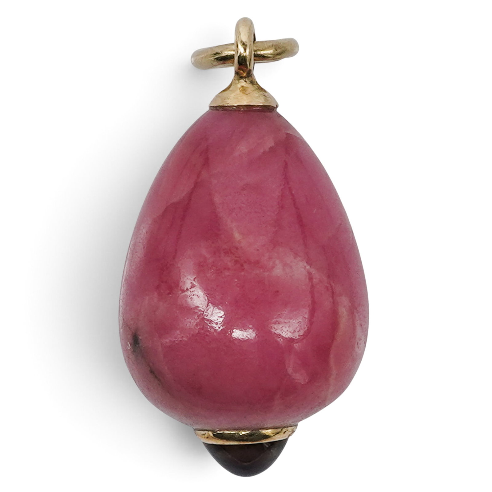 Russian 14k Gold Rhodonite and Quartz Egg Pendant: Russian 14k Gold Rhodonite and Quartz Egg Pendant 19th Cent., Russian 14k gold egg pendant, featuring a polished pink rhodonite egg form with a bezel set smoky quartz cabochon terminal and gold suspen