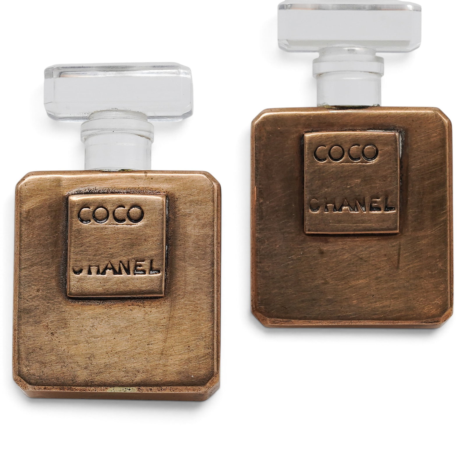Chanel Coco No. 5 Perfume Bottle Clip Earrings: Chanel Coco No. 5 Perfume Bottle Clip Earrings 20th Cent., French Pair of vintage Chanel gold-tone clip earrings designed as Coco No. 5 perfume bottles, each featuring a square bottle form with a rais