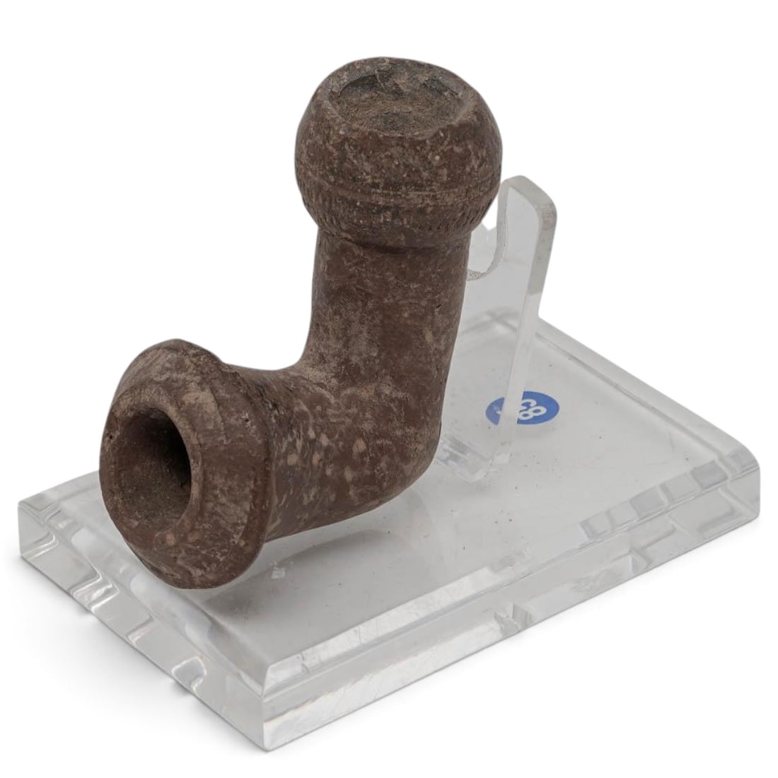 Pre-Columbian Ritual Pipe Bowl: Pre-Columbian Ritual Pipe Bowl Approx. c. 900-200 BCE, Chavín / Cupisnique Horizon An intact L-shaped stone elbow pipe featuring a vertical bowl chamber decorated with a bulbous rim collar hosting ha