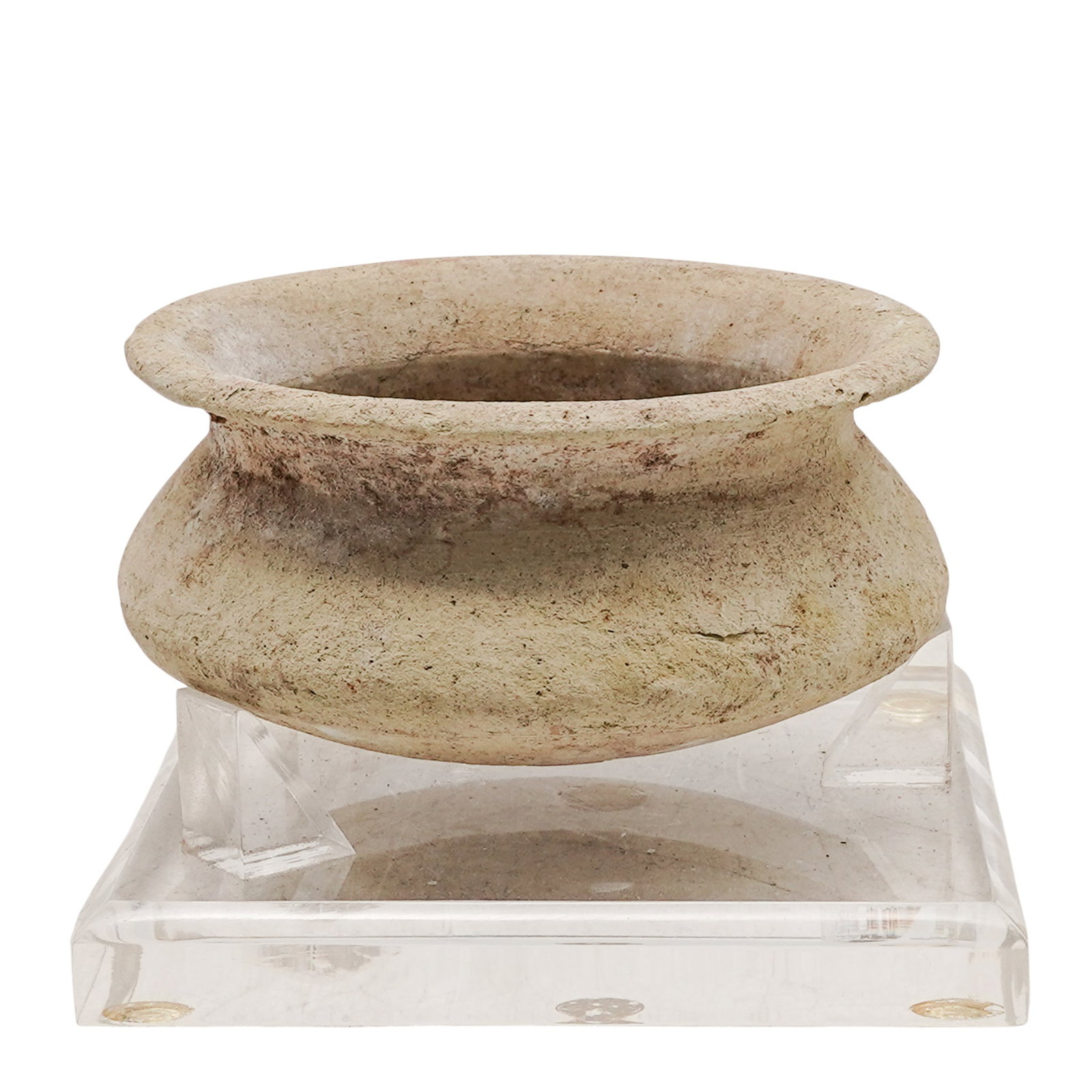 Pre-Columbian Miniature Ritual Offering Bowl: Pre-Columbian Miniature Ritual Offering Bowl Approx. Early Chavín Horizon Period, Modern Day Peru A circular pottery vessel featuring a flared, flat-topped rim resting on a constricted neck and a bul