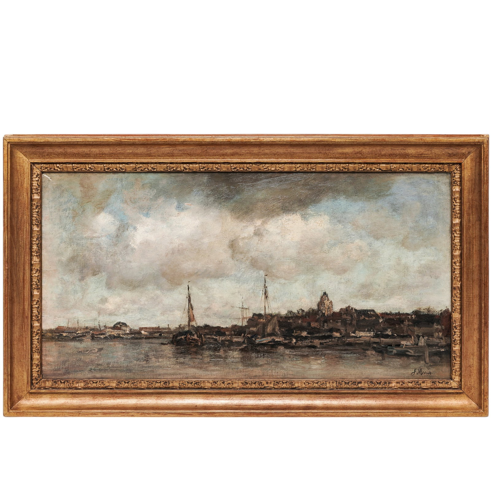 Jacob Hendricus Maris (Dutch, 1837–1899) "Dutch Harbour Scene" Oil On Canvas: Jacob Hendricus Maris (Dutch, 1837–1899) "Dutch Harbour Scene" Oil On Canvas 19th century, Dutch Oil on canvas painting titled "Dutch Harbour Scene" by the prominent Dutch artist Jacob Hendricus Mar