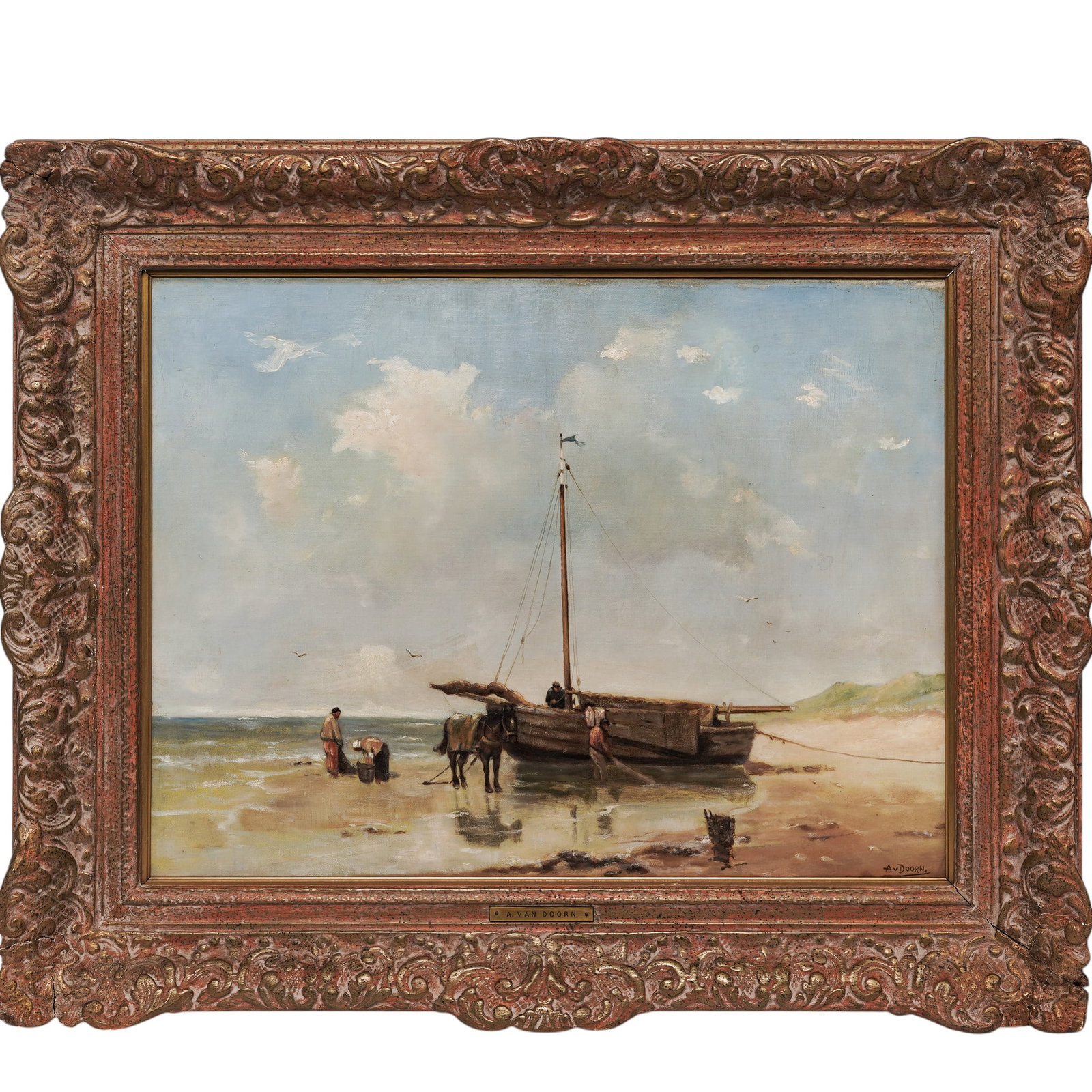 Adriaan Van Doorn (Dutch, 1825–1903) Coastal Seascape Oil on Canvas: Antique oil-on-canvas painting titled Large Coastal Seascape by Adrianus (Adriaan) van Doorn, a notable German-Dutch visual artist celebrated for his atmospheric maritime scenes, pastoral landscapes, 