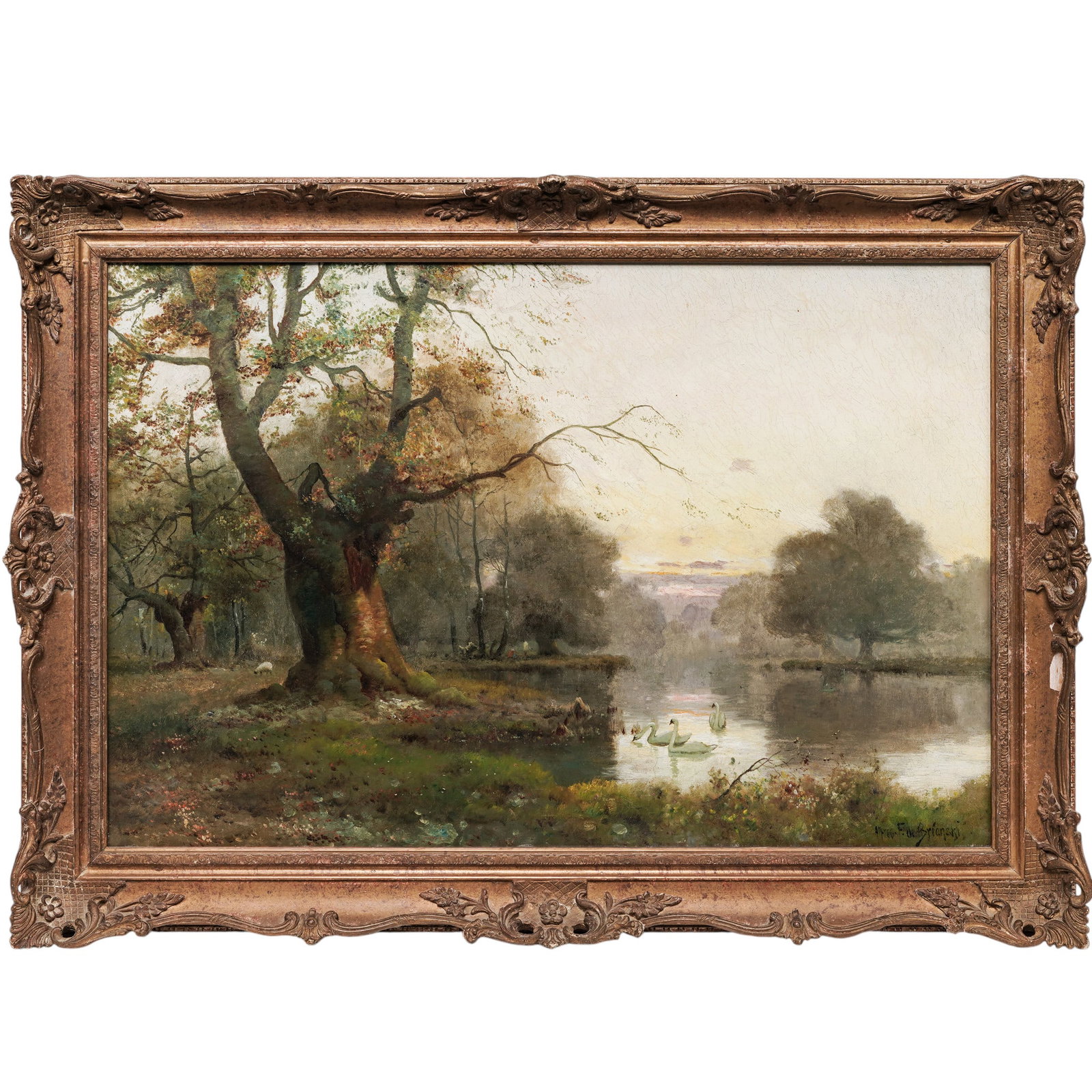 Alfred Fontville de Breanski Jr. (British, 1877-1957), 'Swans At Sunset In A River Landscape' Oil on: Alfred Fontville de Breanski Jr. (British, 1877-1957), 'Swans At Sunset In A River Landscape' Oil on Canvas Late 19th Century, England Oil on canvas depicting swans gliding along a tranquil river bord