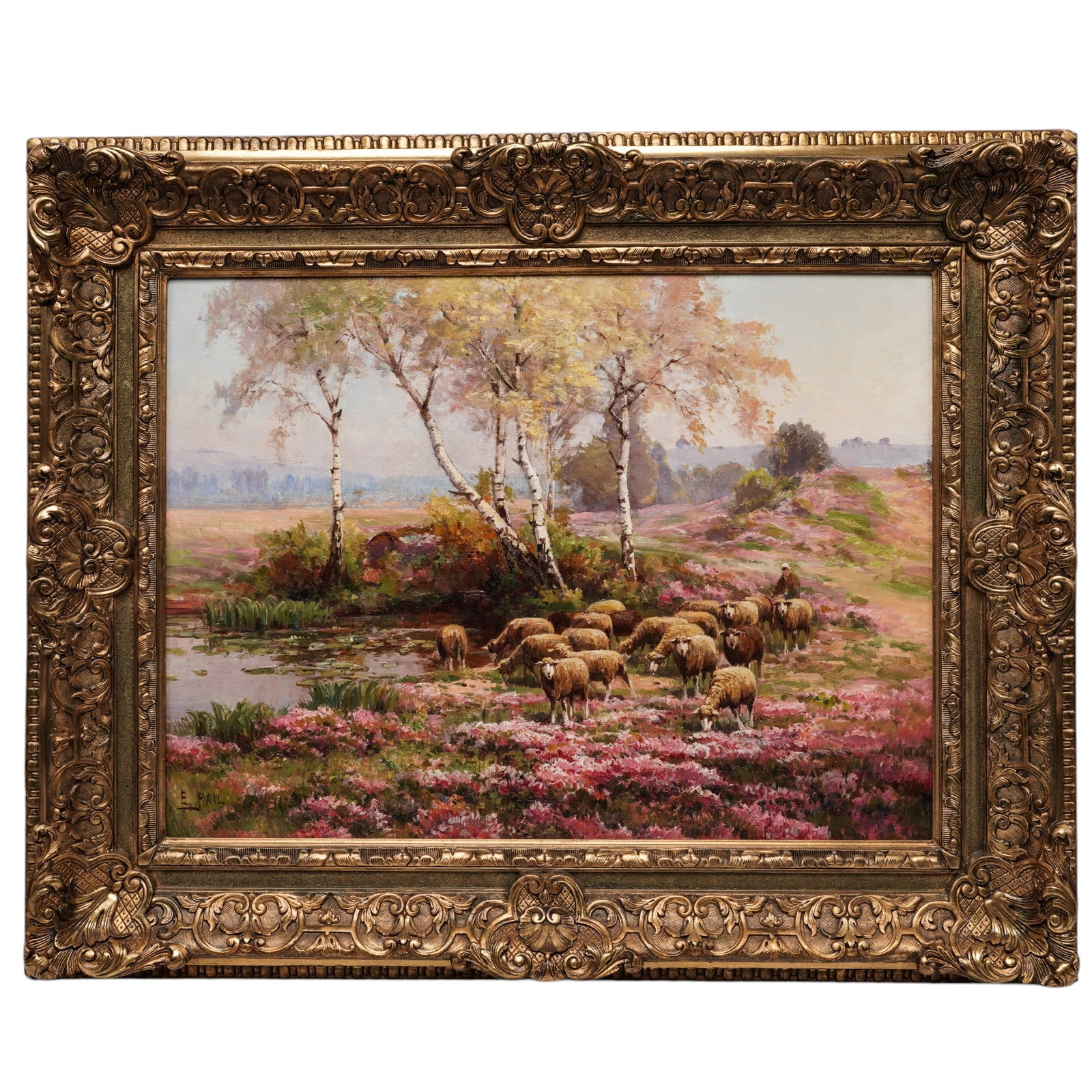 Edouard Pail (French, 1851-1916) 'Moutons Dans Les Bruyeres' Oil on Canvas: Edouard Pail (French, 1851-1916) 'Moutons Dans Les Bruyeres' Oil on Canvas Late 19th Century, France Charming pastoral landscape depicting a flock of sheep grazing among flowering heather beside a qui