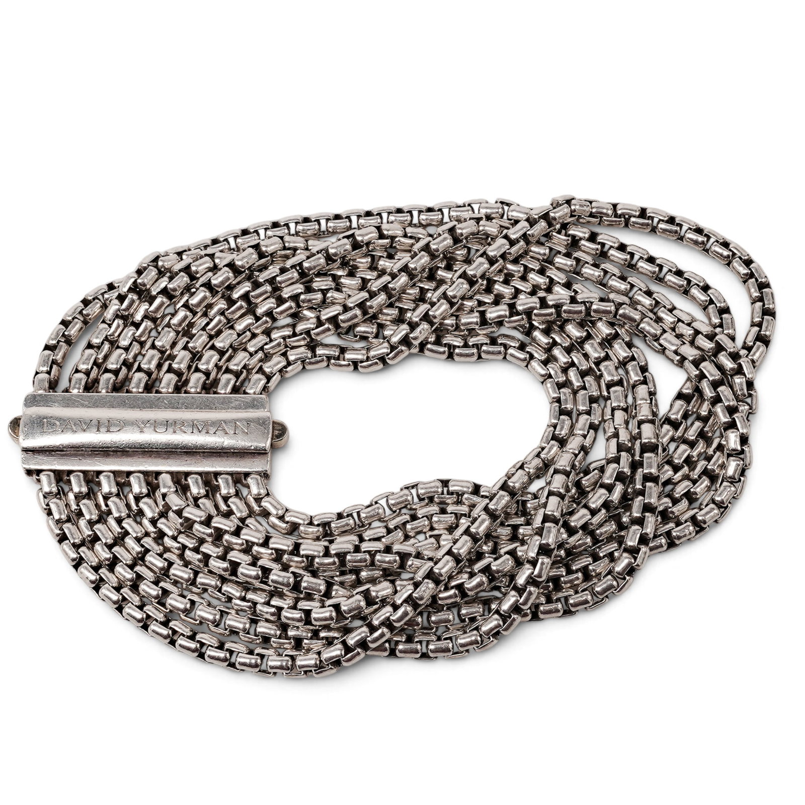 David Yurman Sterling Silver Multi-Row Box Chain Bracelet: David Yurman Sterling Silver Multi-Row Box Chain Bracelet Contemporary, Italian David Yurman bracelet in sterling silver, designed with multiple rows of box-link chains and a rectangular slide clasp e