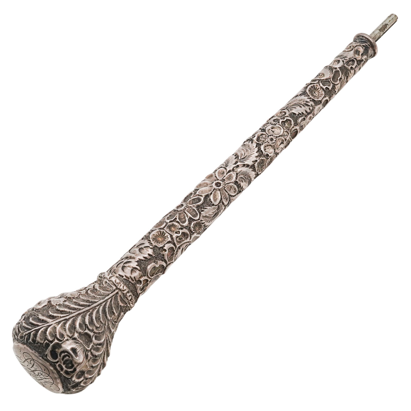 Antique Sterling Silver Umbrella Handle: Antique Sterling Silver Umbrella Handle Late 19th to early 20th Cent. Sterling silver parasol or umbrella handle, featuring highly ornate floral, leaf repoussé, and monogram patterns hammered into hi