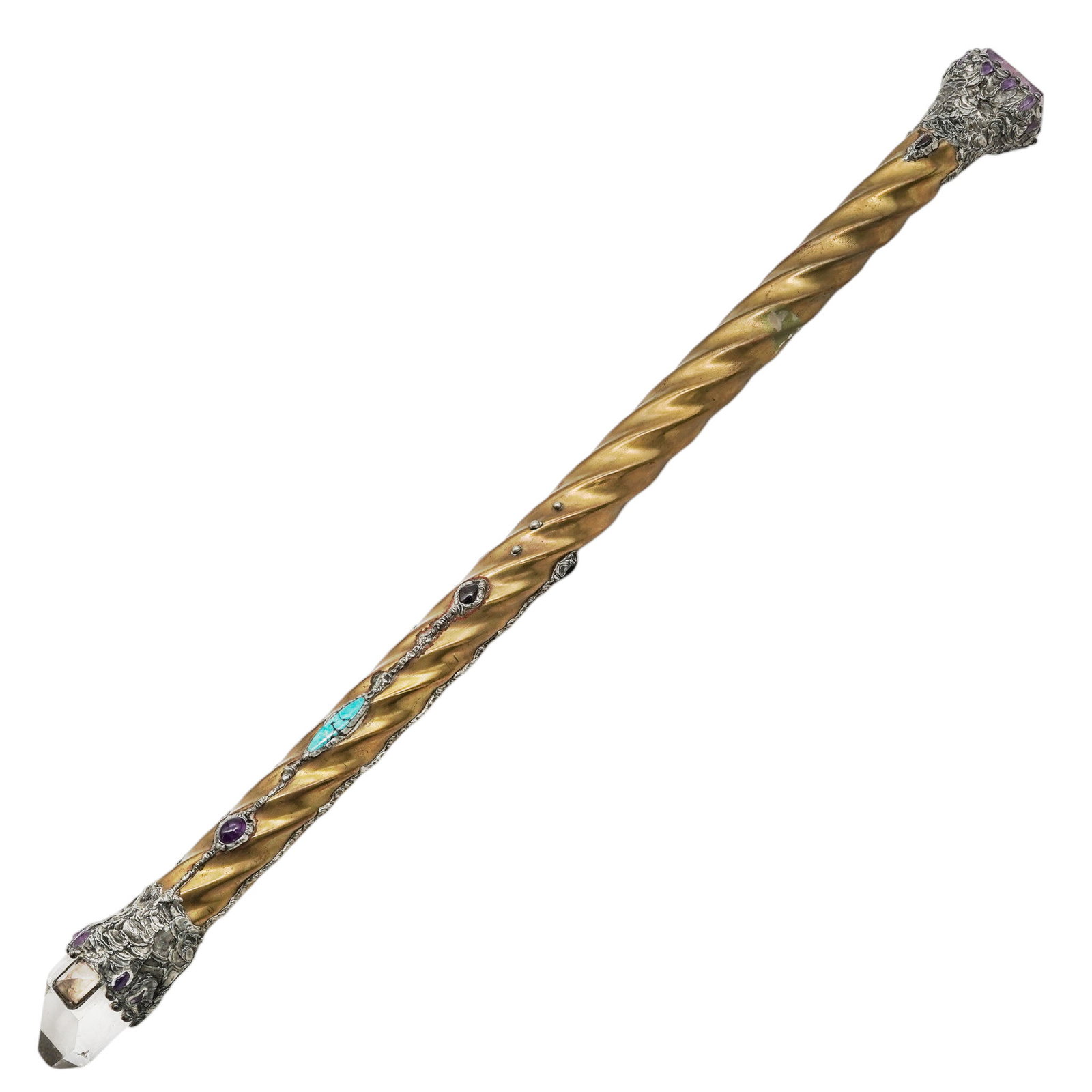 Jewled Brass & Gemstone Ceremonial Scepter: Jewled Brass & Gemstone Ceremonial Scepter 20th Cent. This artisan-crafted piece features a heavy brass shaft beautifully formed into a continuous spiral twist. The body of the scepter is elaborately 