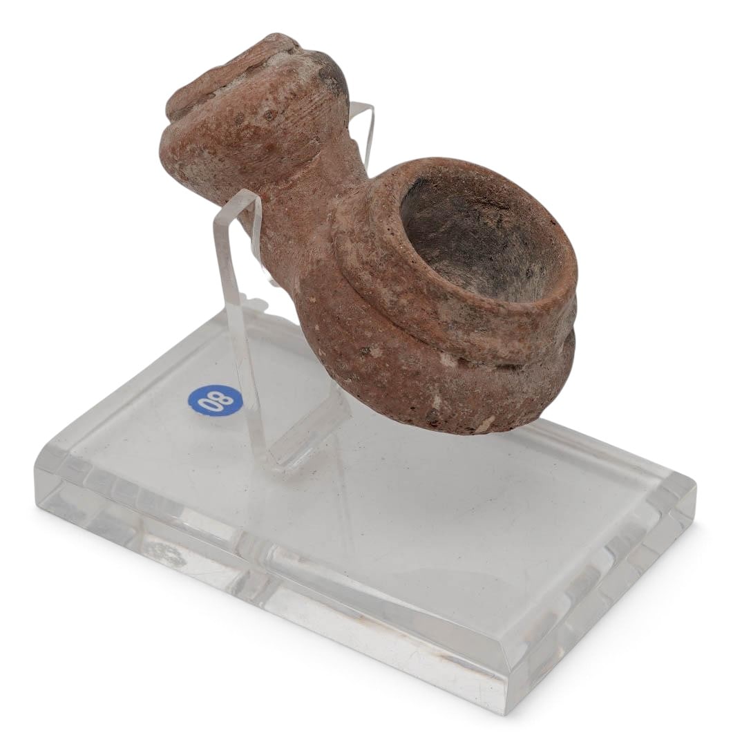 Ancient Byzantine Double-Chambered Clay Pipe Bowl: Ancient Byzantine Double-Chambered Clay Pipe Bowl Approx. c. 400-700 CE, Byzantine Empire Fashioned from a porous, iron-rich terracotta clay, this unique domestic smoking apparatus features a dual-cha