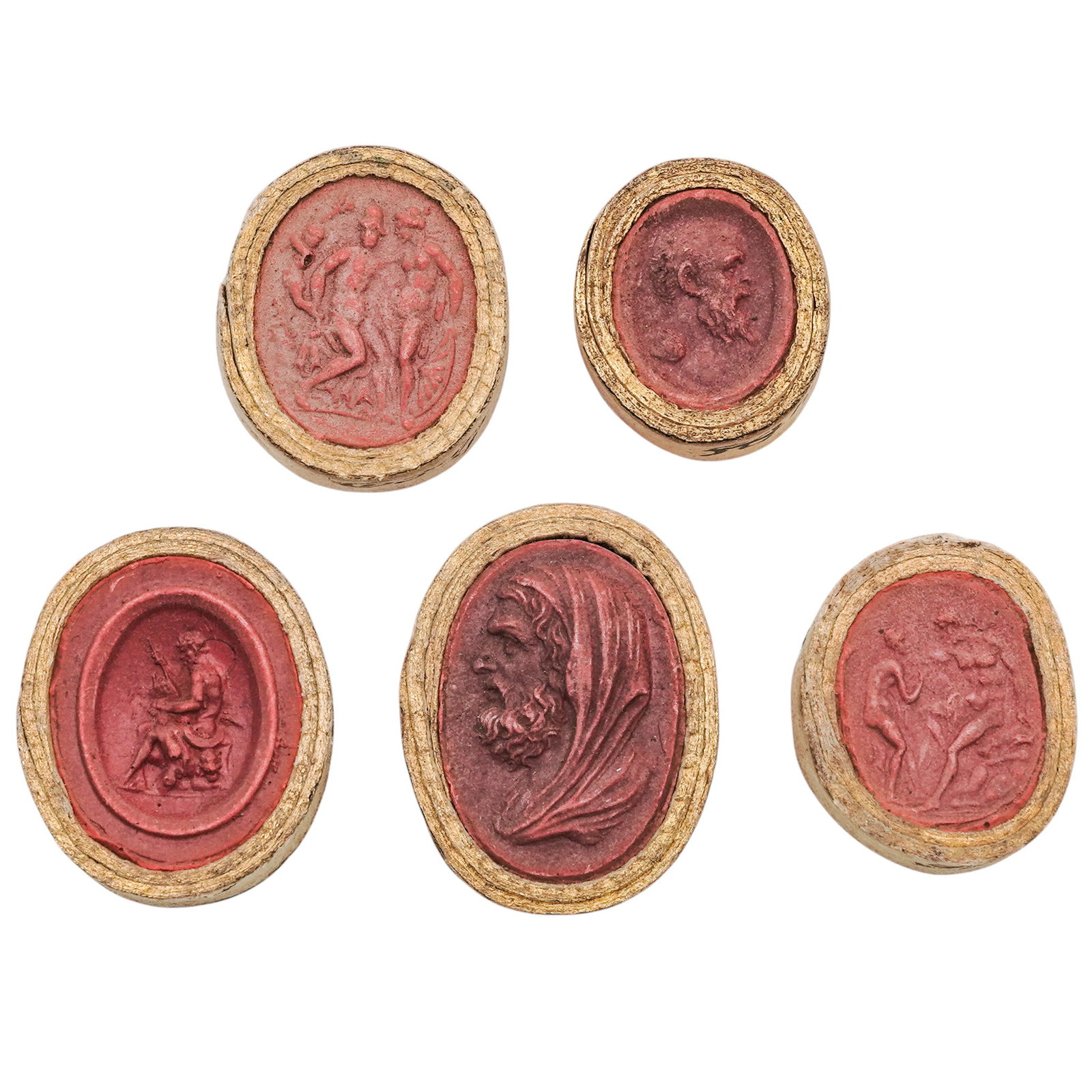 (5 pcs) Antique Grand Tour Red Sulfur Intaglios: (5 pcs) Antique Grand Tour Red Sulfur Intaglios Early to mid 19th century, European A set of five Ground Tour red sulfur intaglios. Red sulfur was a traditional material chosen by 19th century worksho