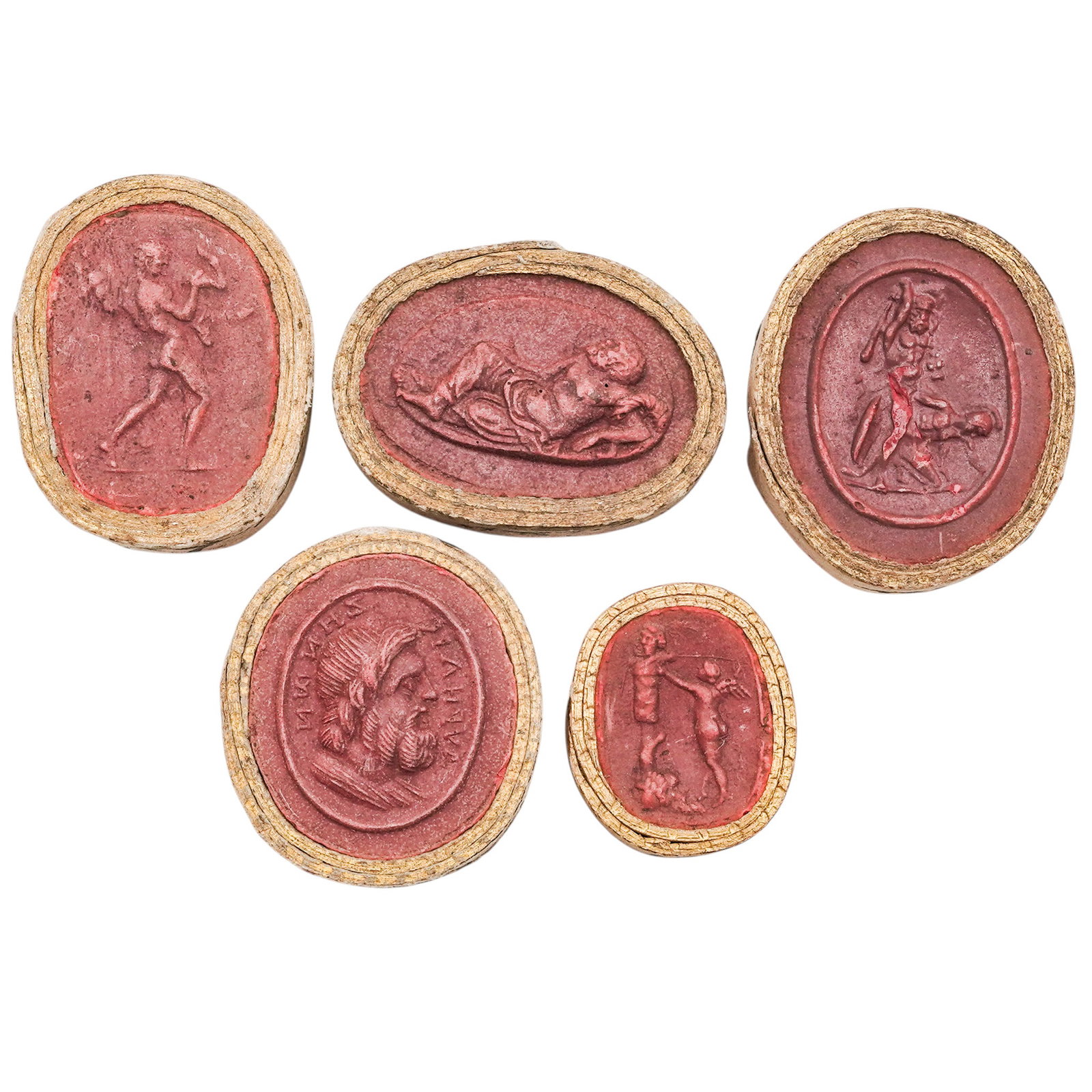 (5 pcs) Antique Grand Tour Red Sulfur Intaglios: (5 pcs) Antique Grand Tour Red Sulfur Intaglios Early to mid 19th century, European A set of five Ground Tour red sulfur intaglios. Red sulfur was a traditional material chosen by 19th century worksho