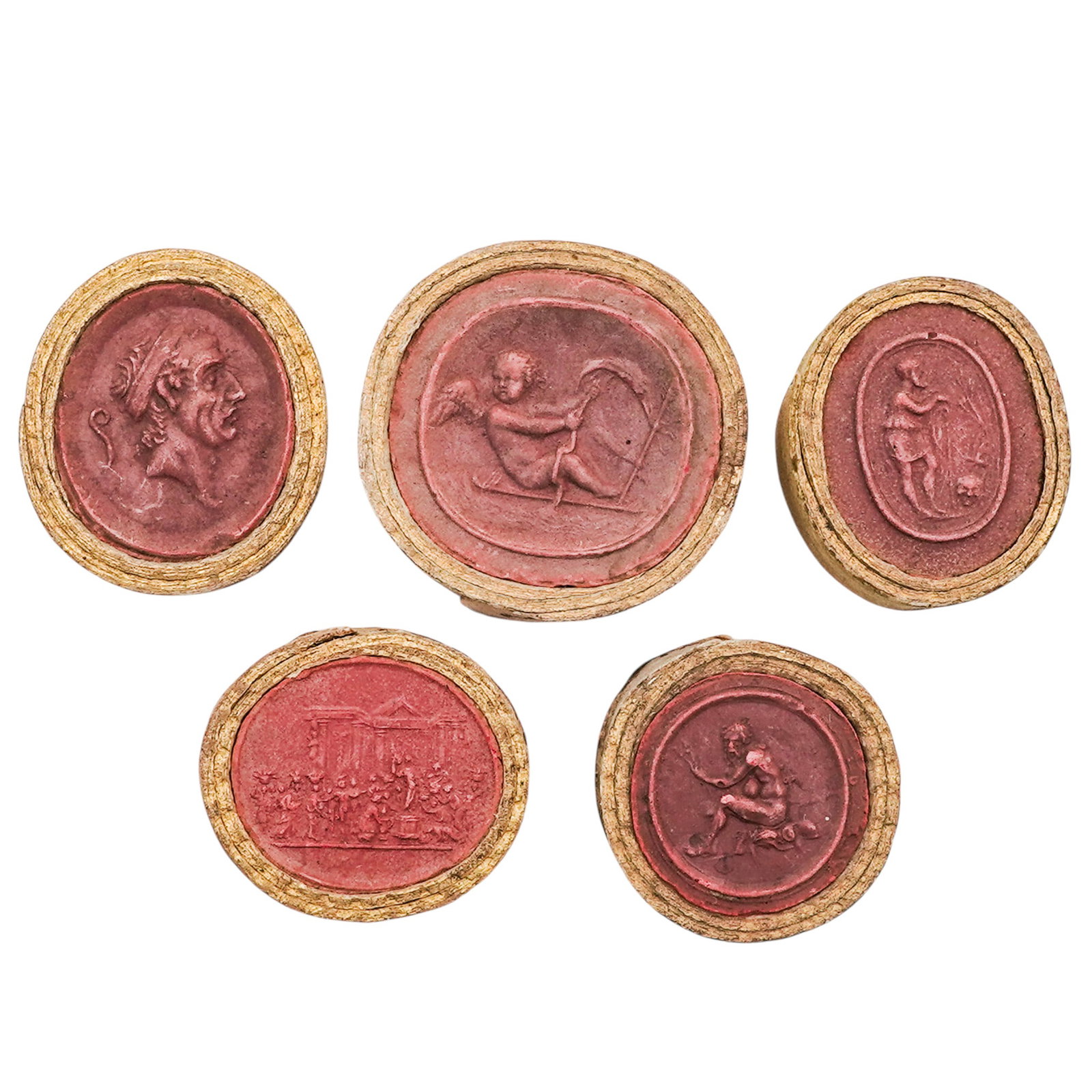 (5 pcs) Antique Grand Tour Red Sulfur Intaglios: (5 pcs) Antique Grand Tour Red Sulfur Intaglios Early to mid 19th century, European A set of five Ground Tour red sulfur intaglios. Red sulfur was a traditional material chosen by 19th century worksho