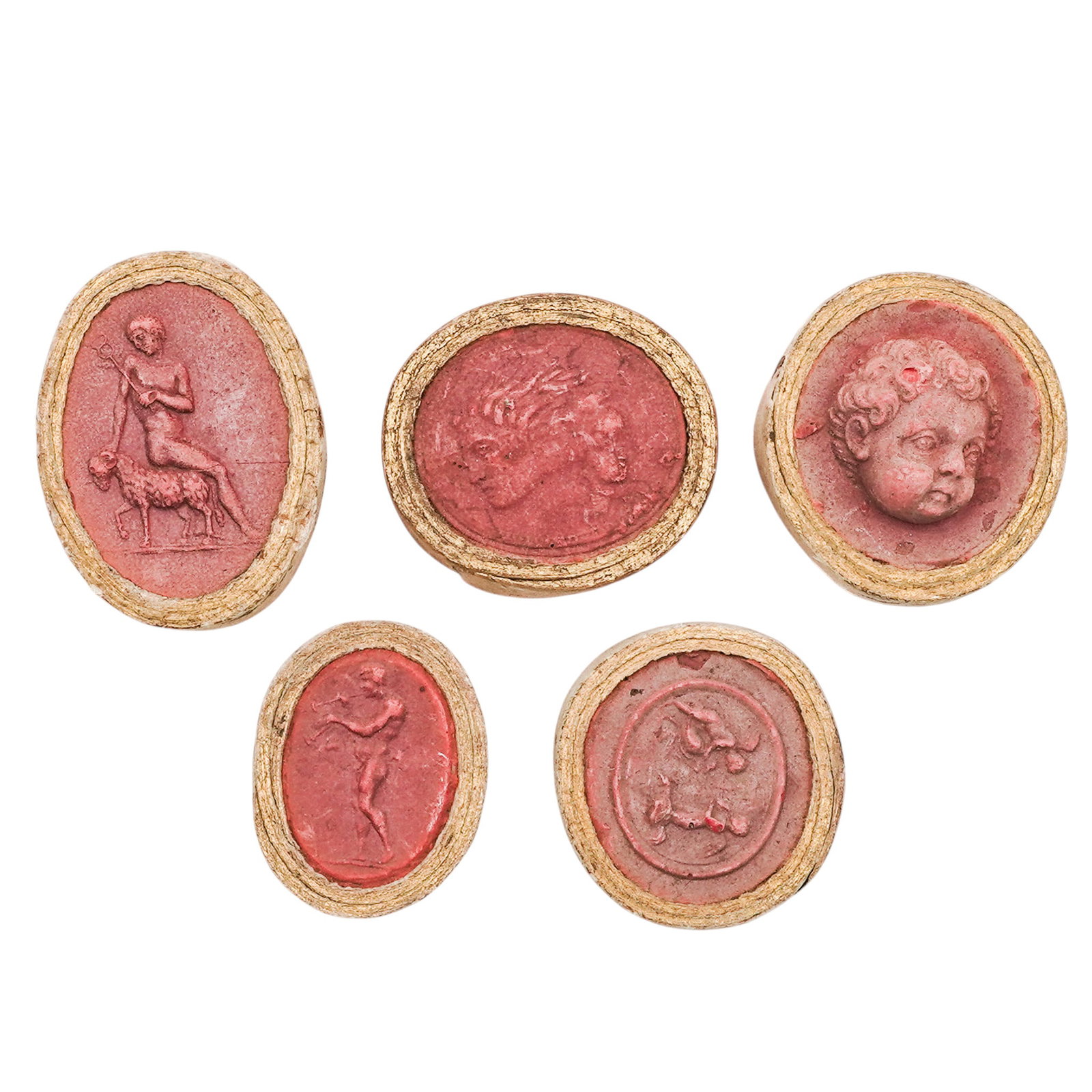 (5 pcs) Antique Grand Tour Red Sulfur Intaglios: (5 pcs) Antique Grand Tour Red Sulfur Intaglios Early to mid 19th century, European A set of five Ground Tour red sulfur intaglios. Red sulfur was a traditional material chosen by 19th century worksho