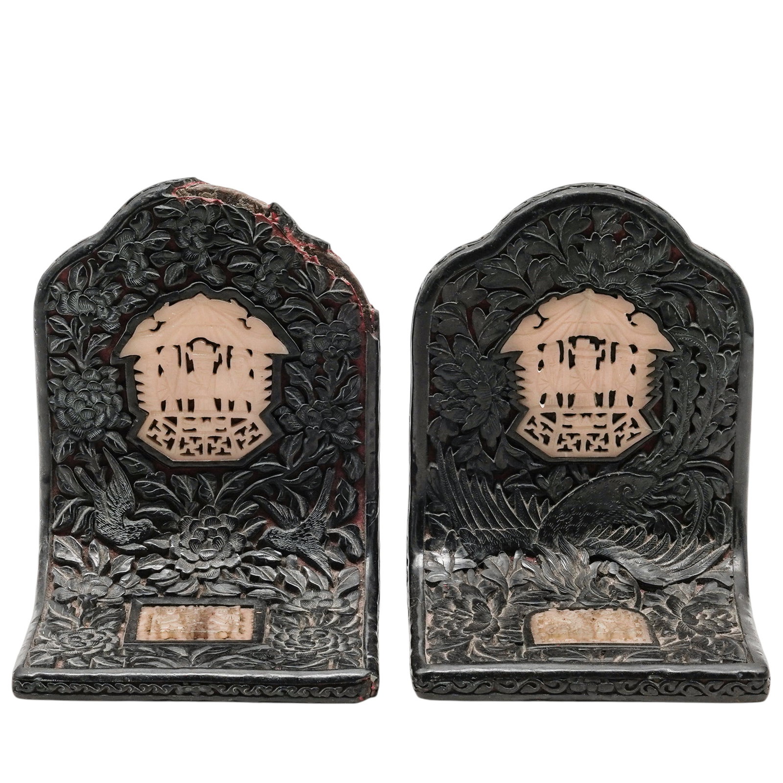 Chinese Cinnabar Lacquer Scenic Carved Bookends w/ Jade Plaques (1 of 6)