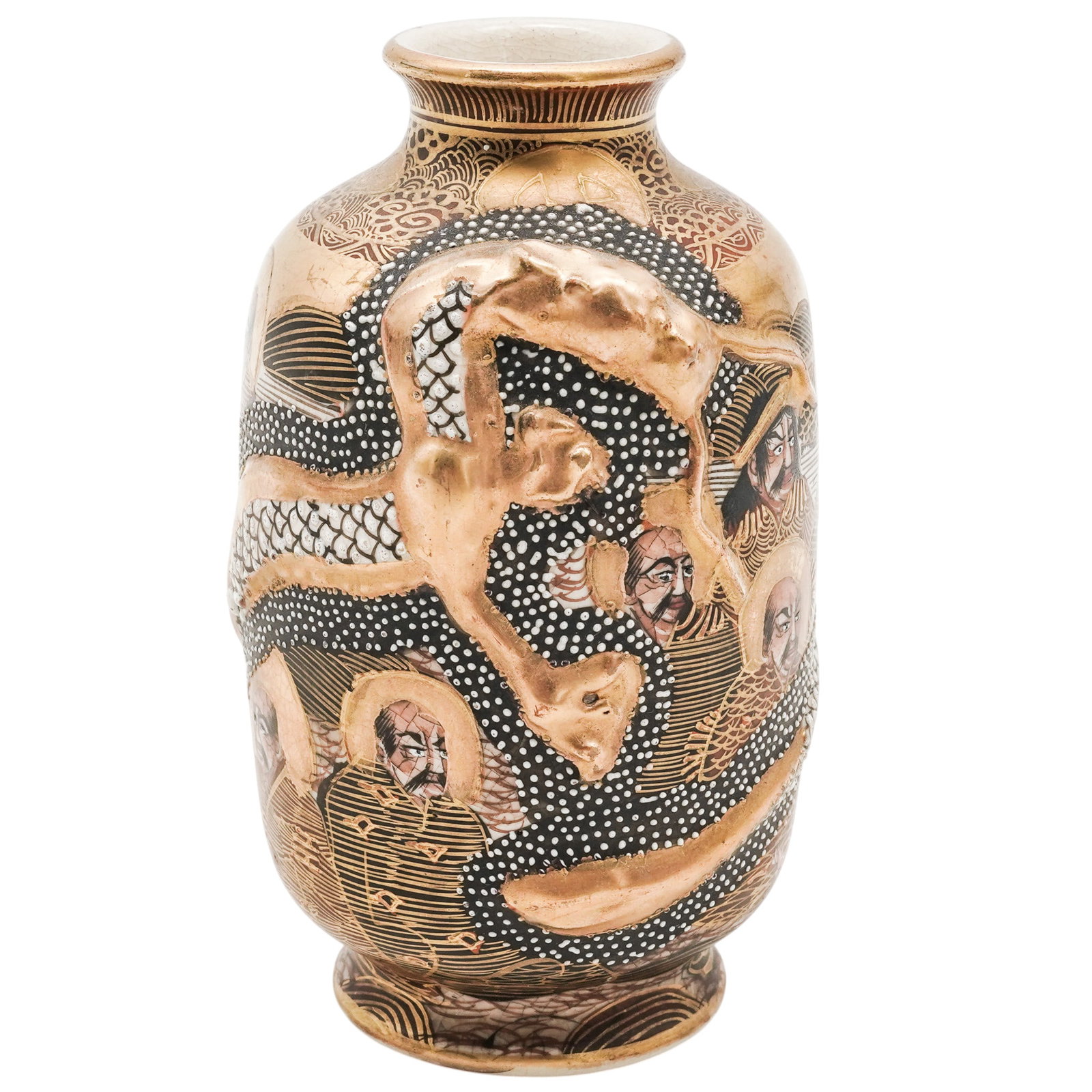 Antique Japanese Satsuma Dragon Vase: Antique Japanese Satsuma Dragon Vase Early 20th Century, Meiji Period, Japan Japanese Satsuma earthenware cabinet vase finely decorated in gilt and polychrome enamels. The baluster-form body is orname