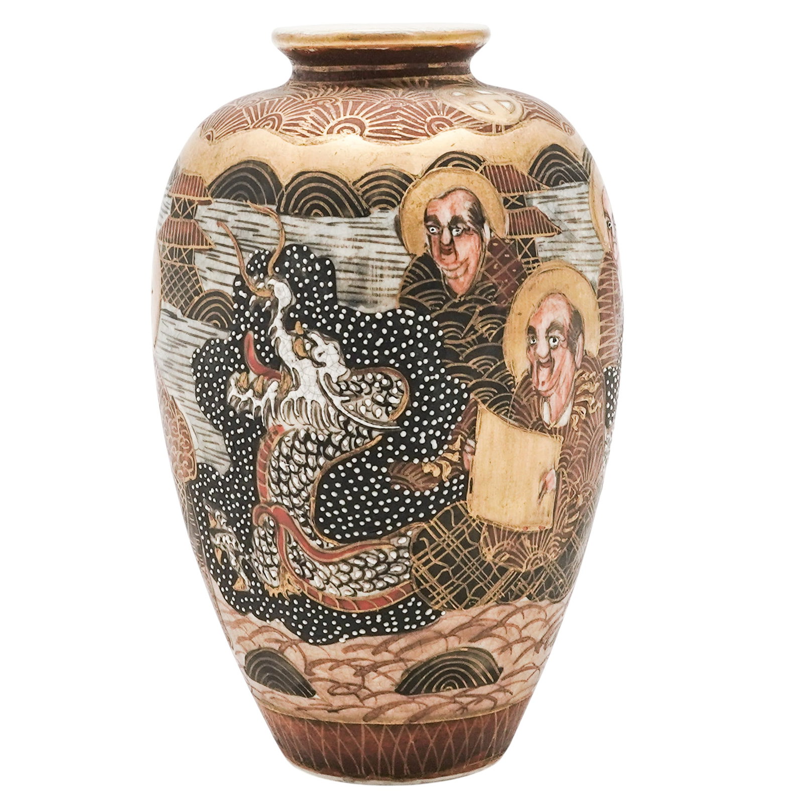 Antique Japanese Satsuma Dragon Vase: Antique Japanese Satsuma Dragon Vase Early 20th Century, Meiji Period, Japan Finely hand-painted Japanese Satsuma earthenware cabinet vase decorated in gilt and polychrome enamels. The body depicts nu